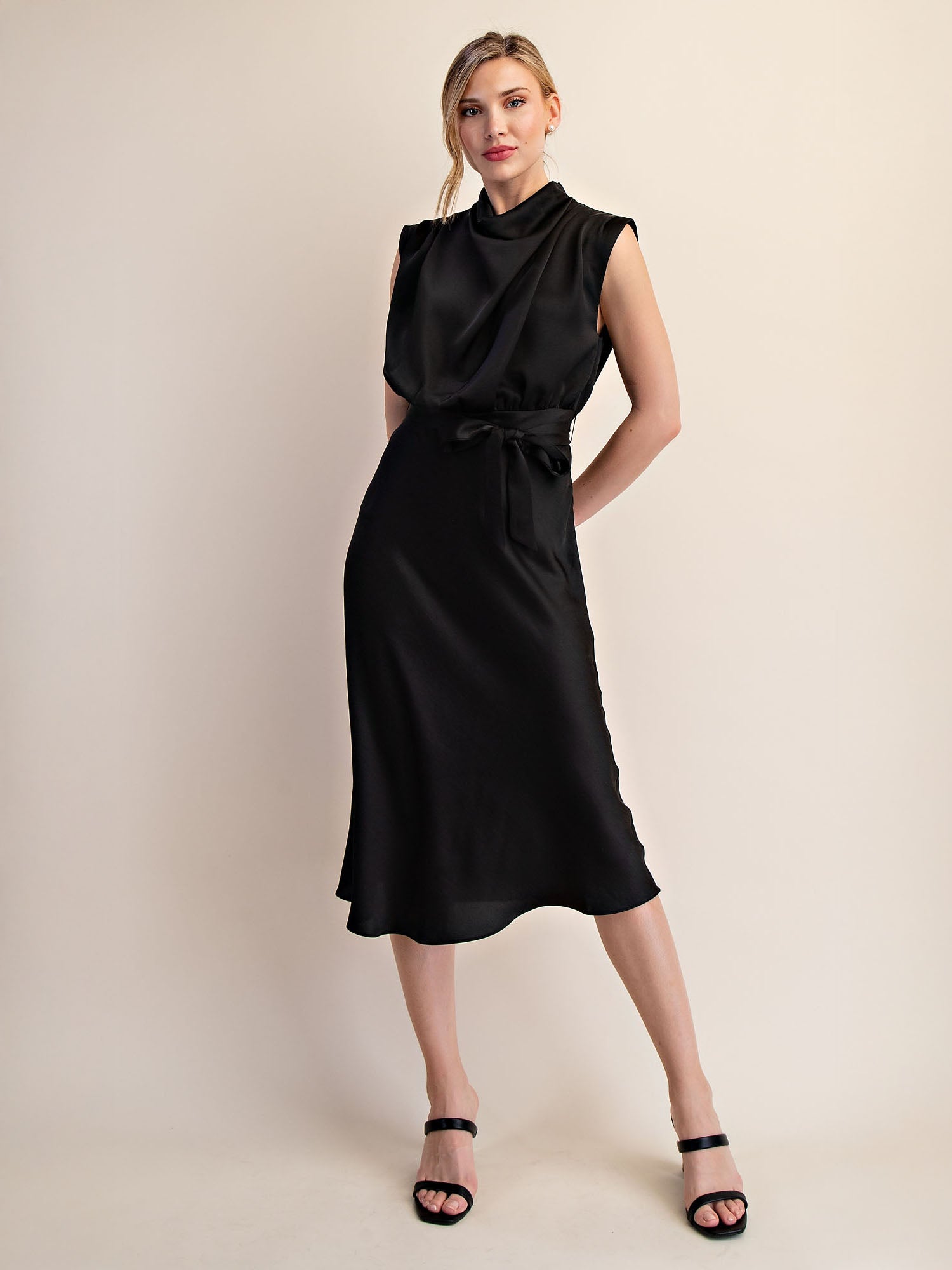 midi shift dress Cowl Neck Satin Midi Shift Dress - SMALL / Black