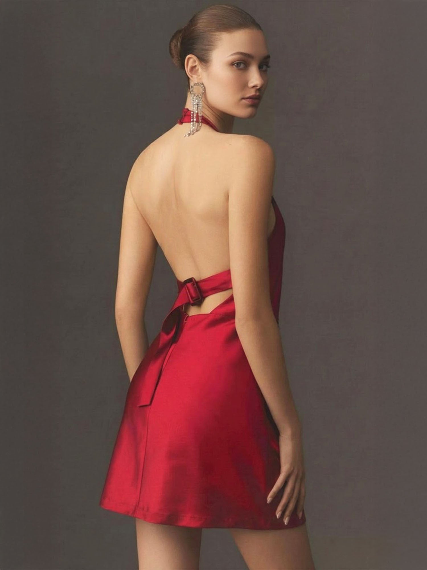 Buckle Back Satin Halter Mini Dress – New York & Company