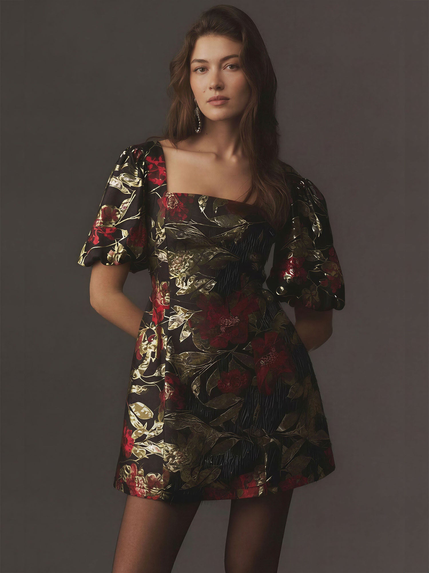 Short Puff Sleeve Floral Jacquard Mini Dress - SMALL / Black