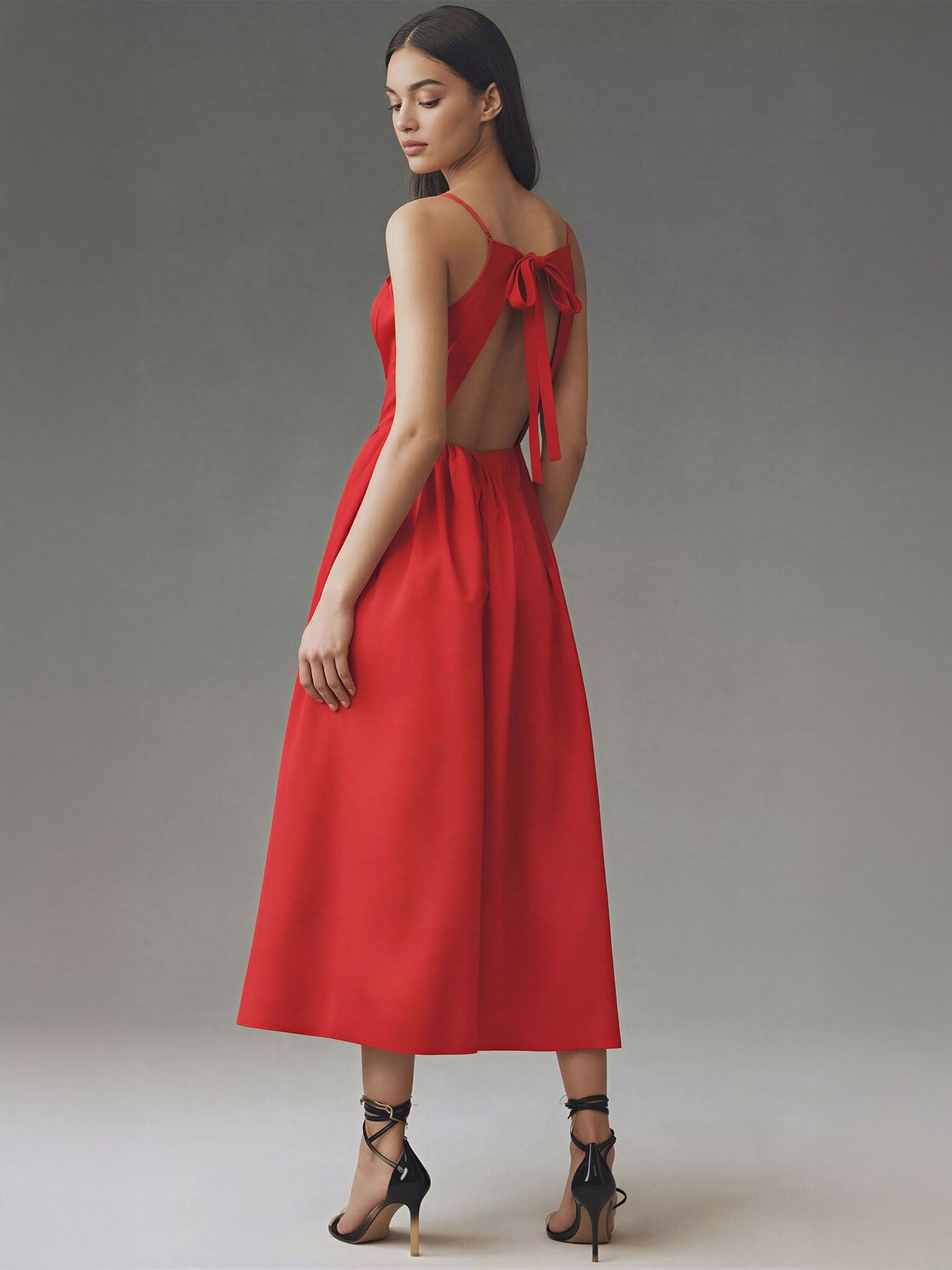 High-Low Open Bow Back Satin Midi Dress