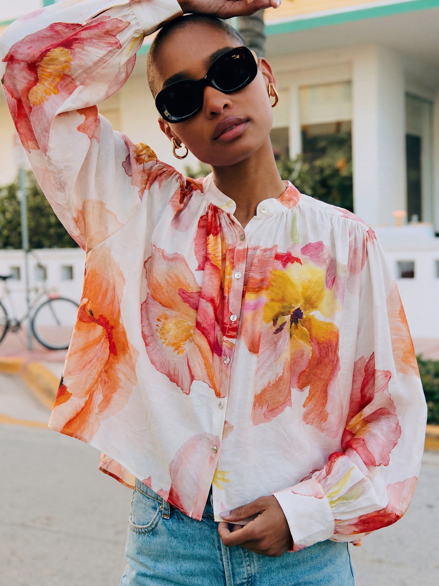 Floral Sheer Ruffled Collar Tie Front Blouse – New York & Company