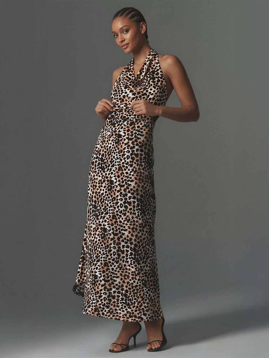 animal print halter neck dress Leopard Halter Cowl Neck Midi Dress - SMALL / BROWN