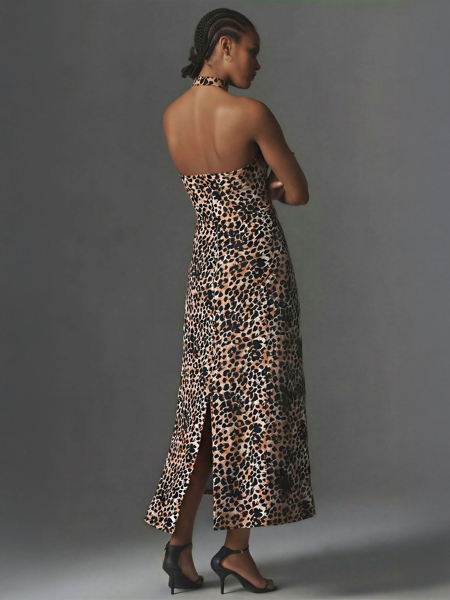 Leopard Halter Cowl Neck Midi Dress - SMALL / BROWN - TAUPE Leopard Halter Cowl Neck Midi Dress - SMALL / BROWN - TAUPE
