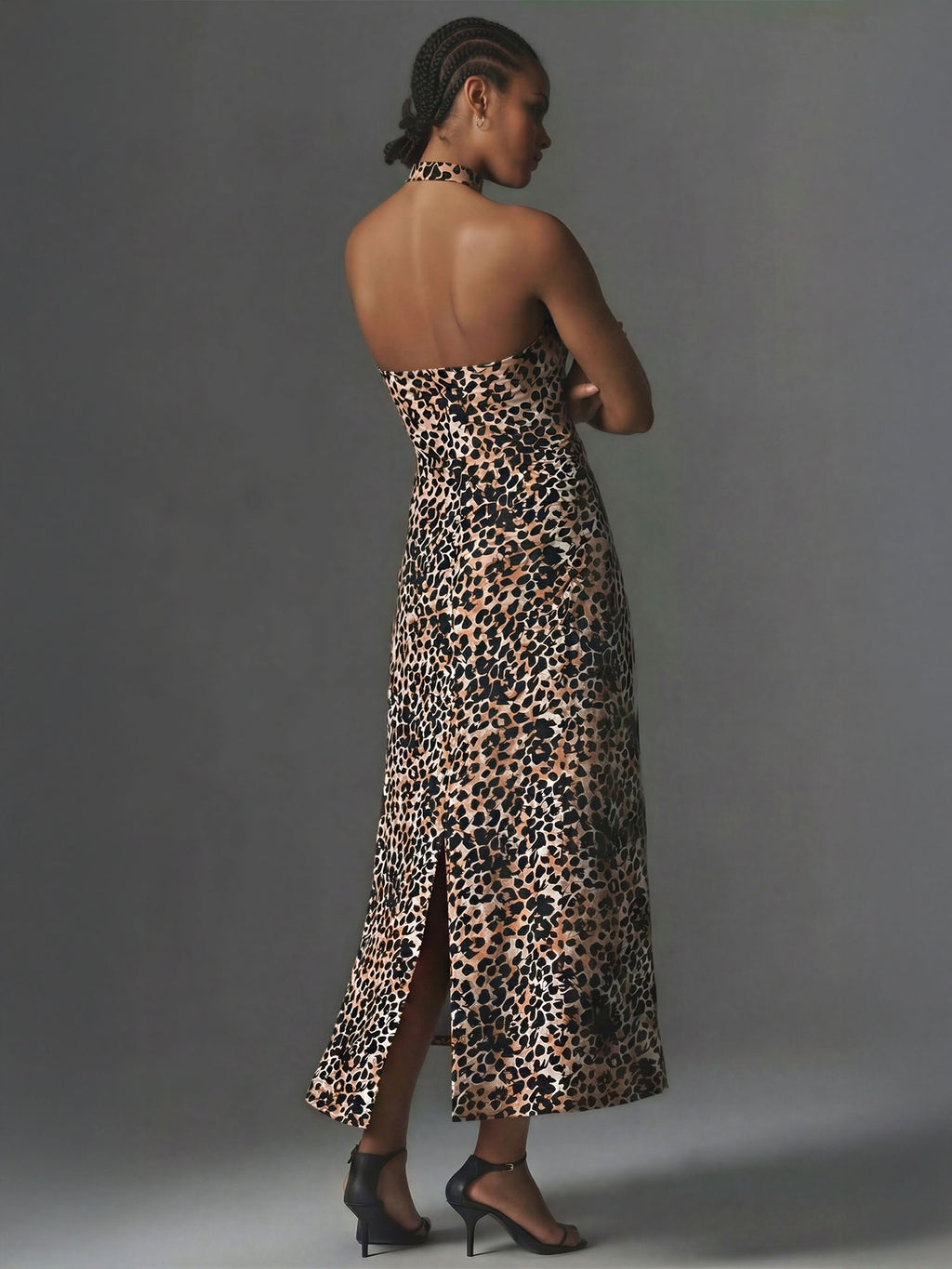 Leopard Halter Cowl Neck Midi Dress - SMALL / BROWN