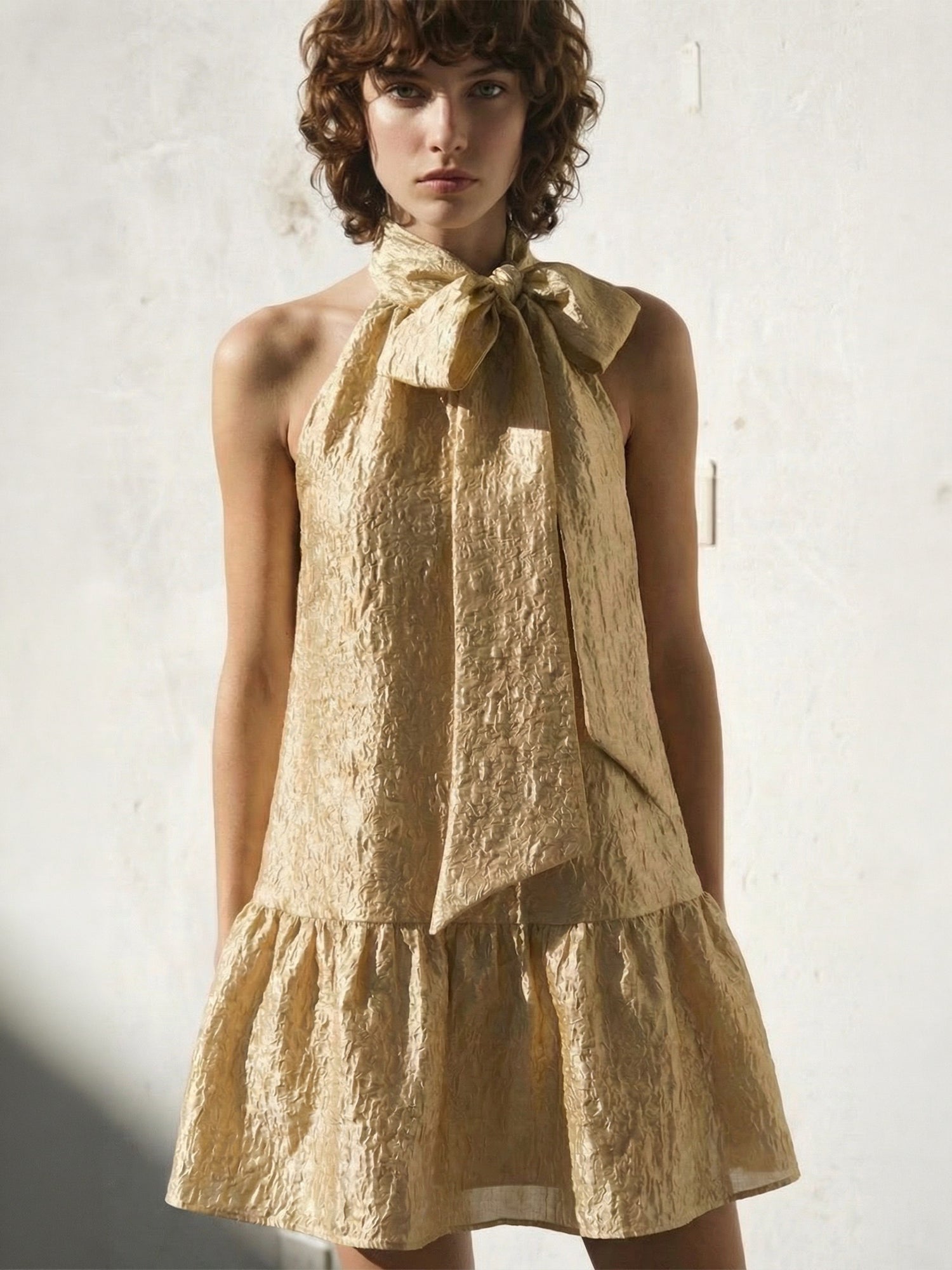 Gold Jacquard Bow Neck Shift Mini Dress Small / Yellow - Gold / 10000 Gold Jacquard Bow Neck Shift Mini Dress Small / Yellow - Gold / 10000