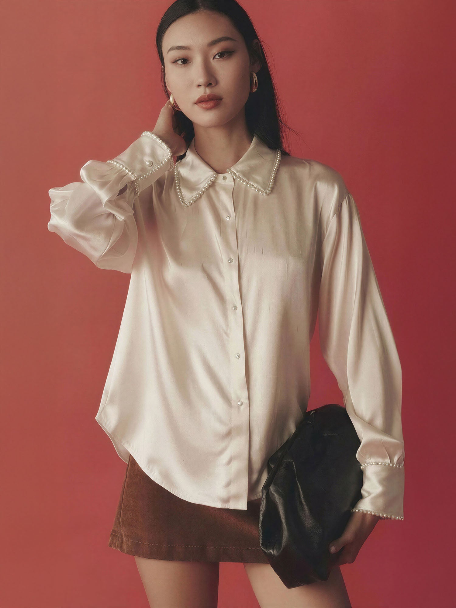 Satin Pearl Trim Button Down Shirt New York & Company Satin Pearl Trim Button Down Shirt New York & Company