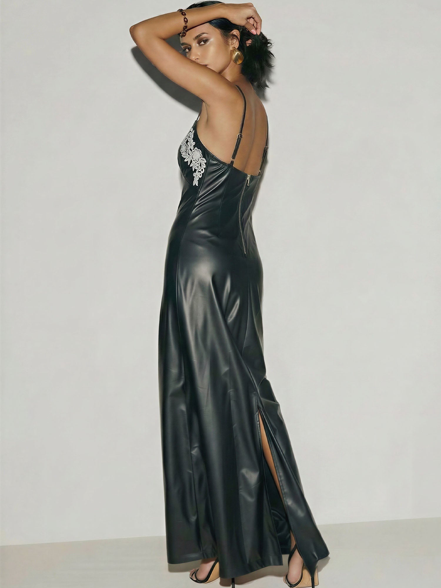 Vegan Leather Embroidery Detailed Maxi Dress New York & Company Vegan Leather Embroidery Detailed Maxi Dress New York & Company