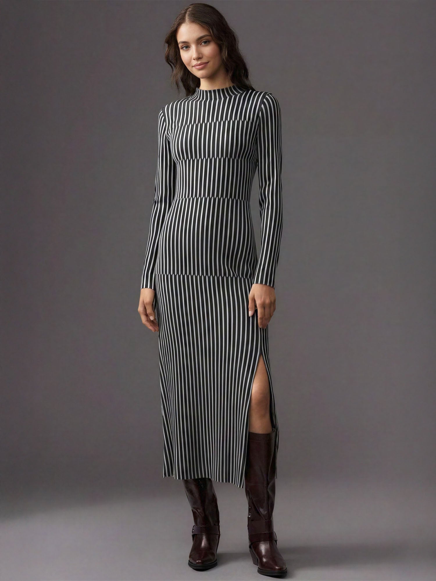Mock Neck Long Sleeve Stripe Midi Sweater Dress – New York & Company