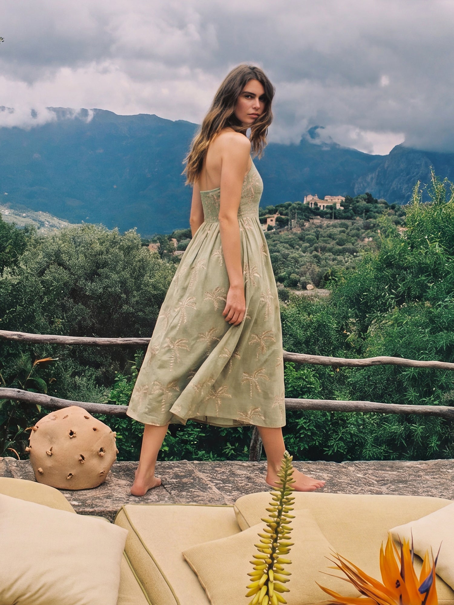 Sleeveless Square Neck Palm Tree A Line Midi Dress - MEDIUM / GREEN