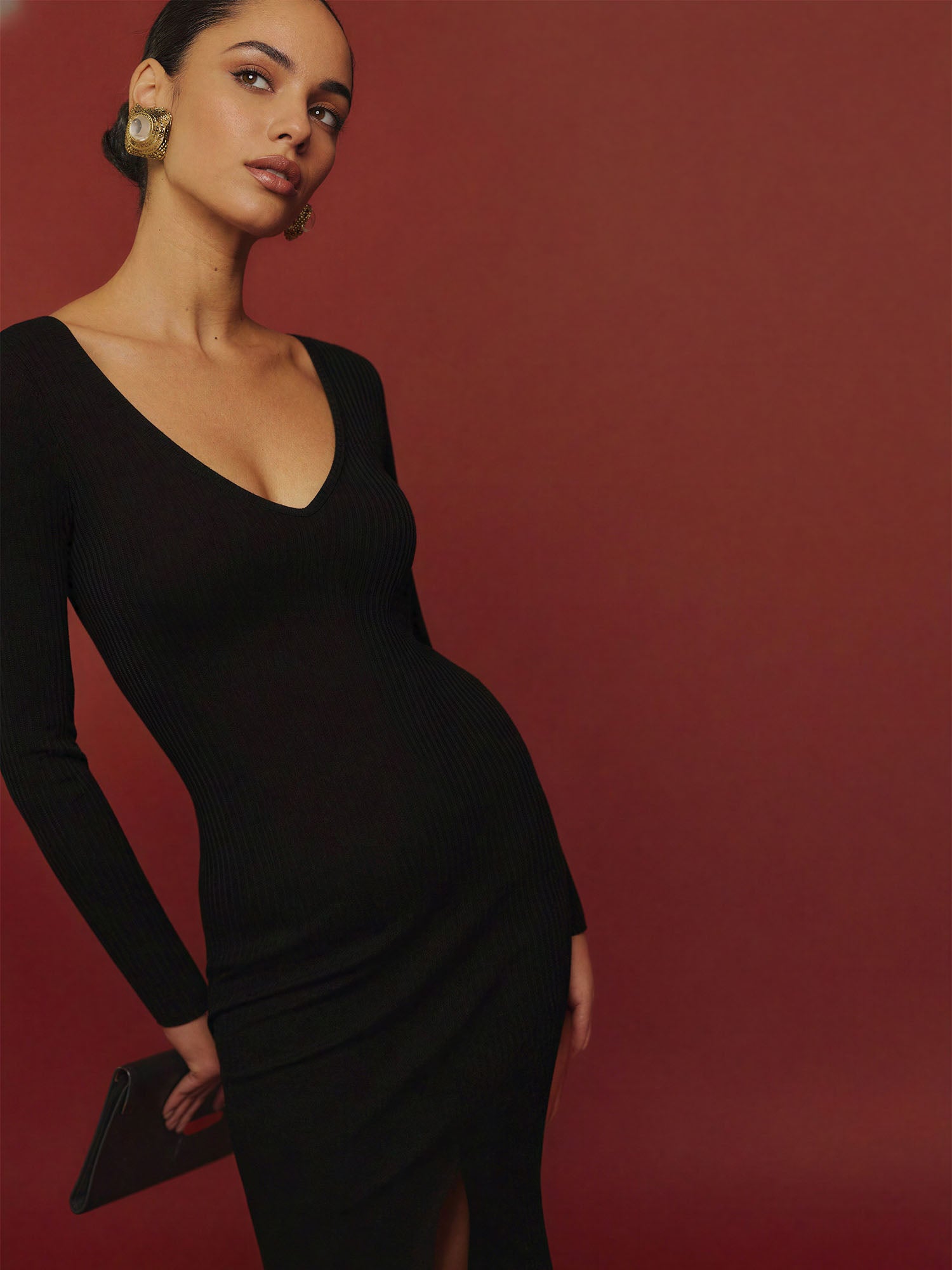 V Neck Knit Bodycon Slit Midi Dress - MEDIUM / White