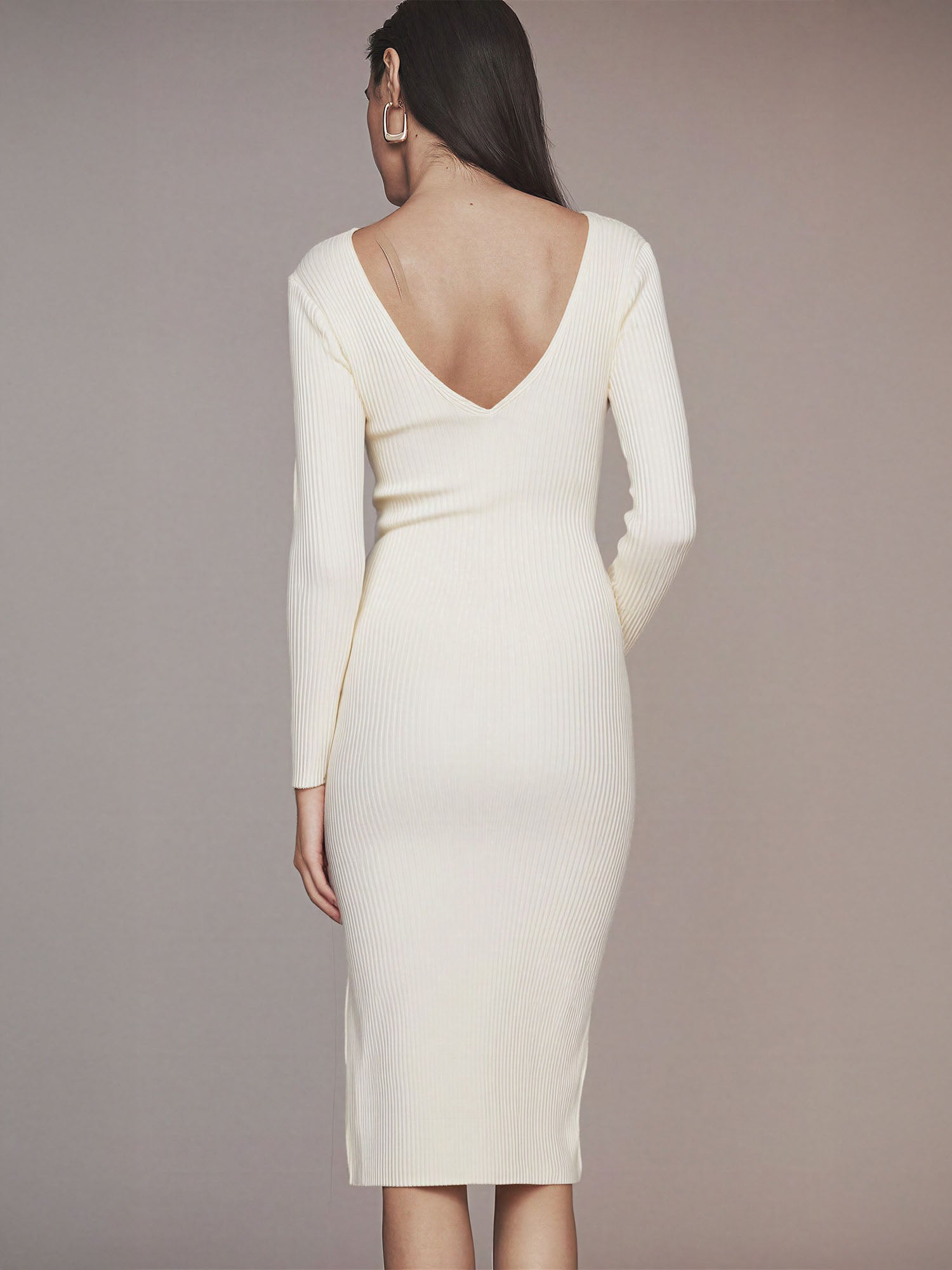 V Neck Knit Bodycon Slit Midi Dress - MEDIUM / White - IVORY V Neck Knit Bodycon Slit Midi Dress - MEDIUM / White - IVORY