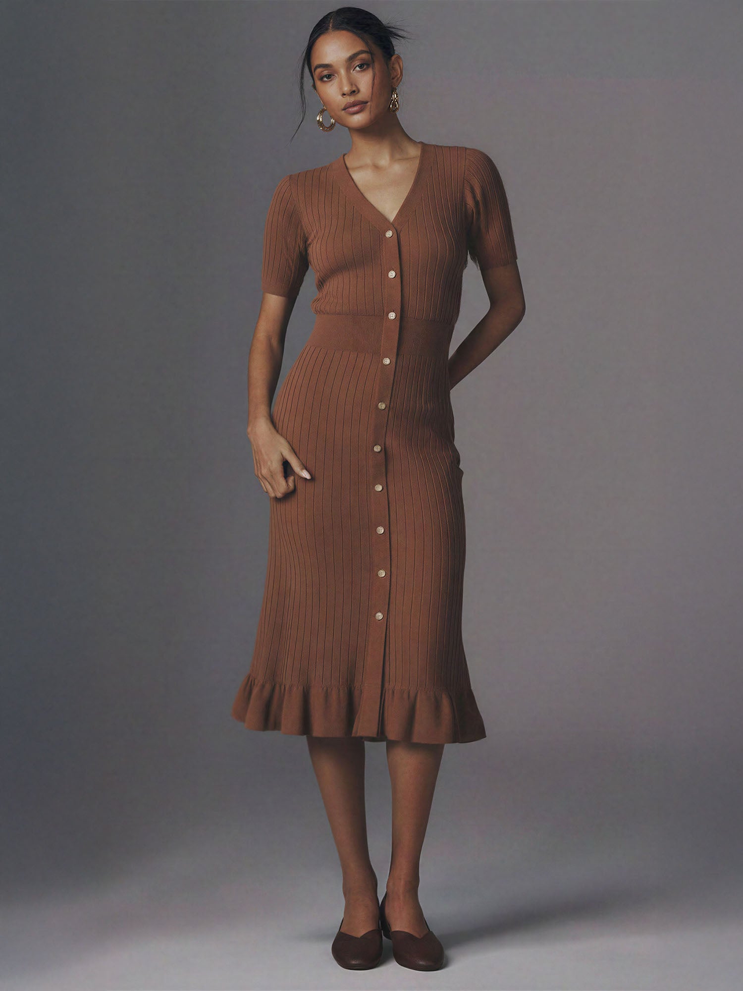 V Neck Button Down Rib Knit Sweater Midi Dress – New York & Company