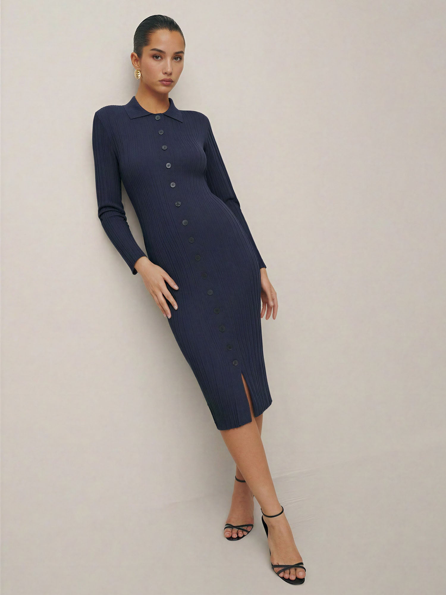 Collared Button Down Shirt Sweater Midi Dress - SMALL / GREEN - OLIVE Collared Button Down Shirt Sweater Midi Dress - SMALL / GREEN - OLIVE