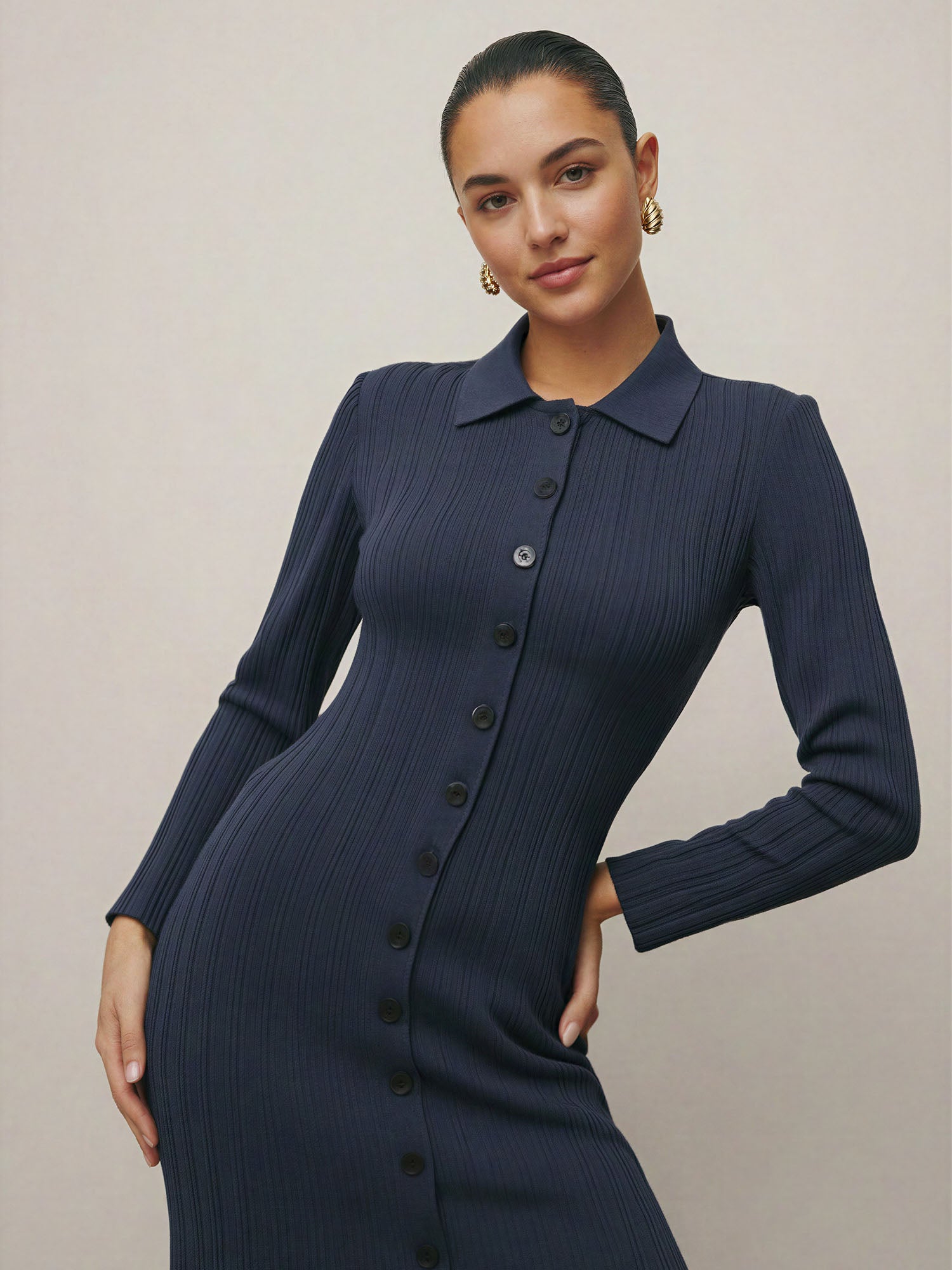 Collared Button Down Shirt Sweater Midi Dress - SMALL / GREEN - OLIVE Collared Button Down Shirt Sweater Midi Dress - SMALL / GREEN - OLIVE