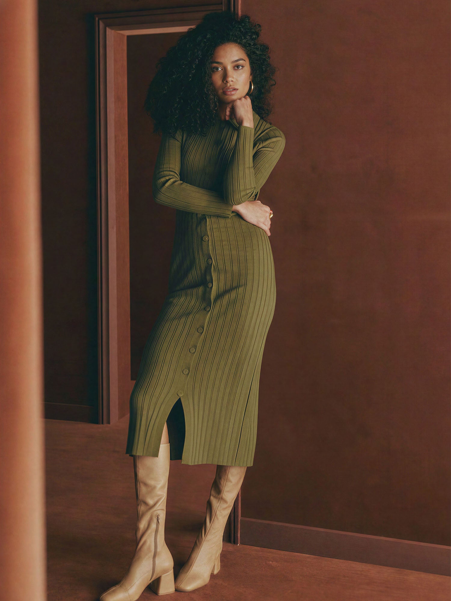Collared Button Down Shirt Sweater Midi Dress - Small / Green - Olive / 10000 Collared Button Down Shirt Sweater Midi Dress - Small / Green - Olive / 10000
