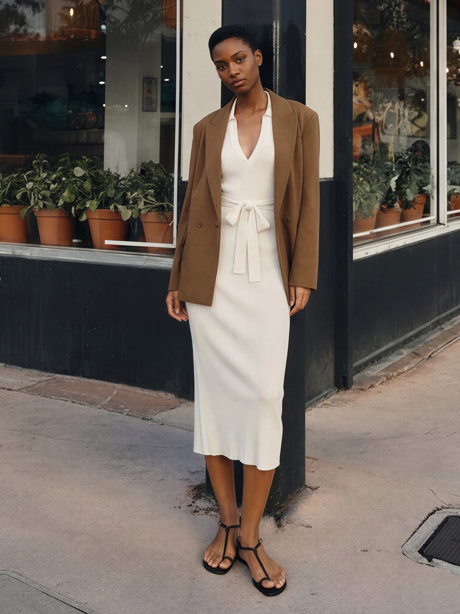 Sleeveless Collared Tie Waist Knit Midi Dress - SMALL / White