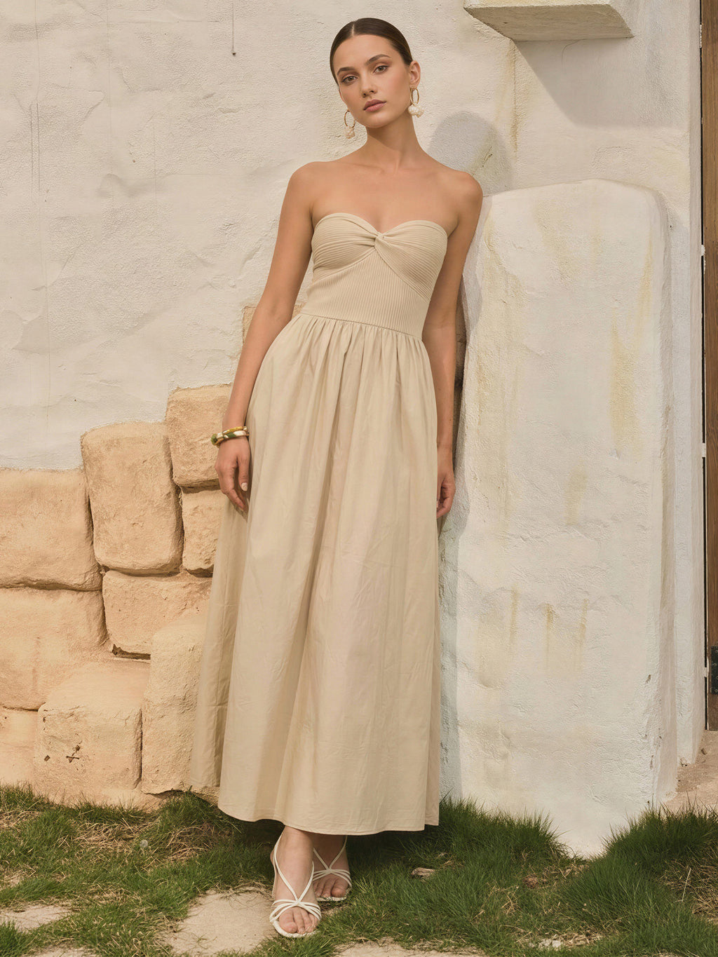 Strapless Mixed Media Poplin Fit And Flare Maxi Dress - SMALL / Black
