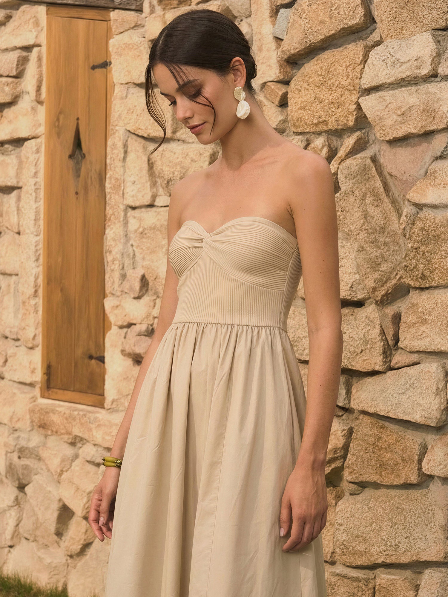 Strapless Mixed Media Poplin Fit And Flare Maxi Dress - SMALL / NATURAL - KHAKI Strapless Mixed Media Poplin Fit And Flare Maxi Dress - SMALL / NATURAL - KHAKI