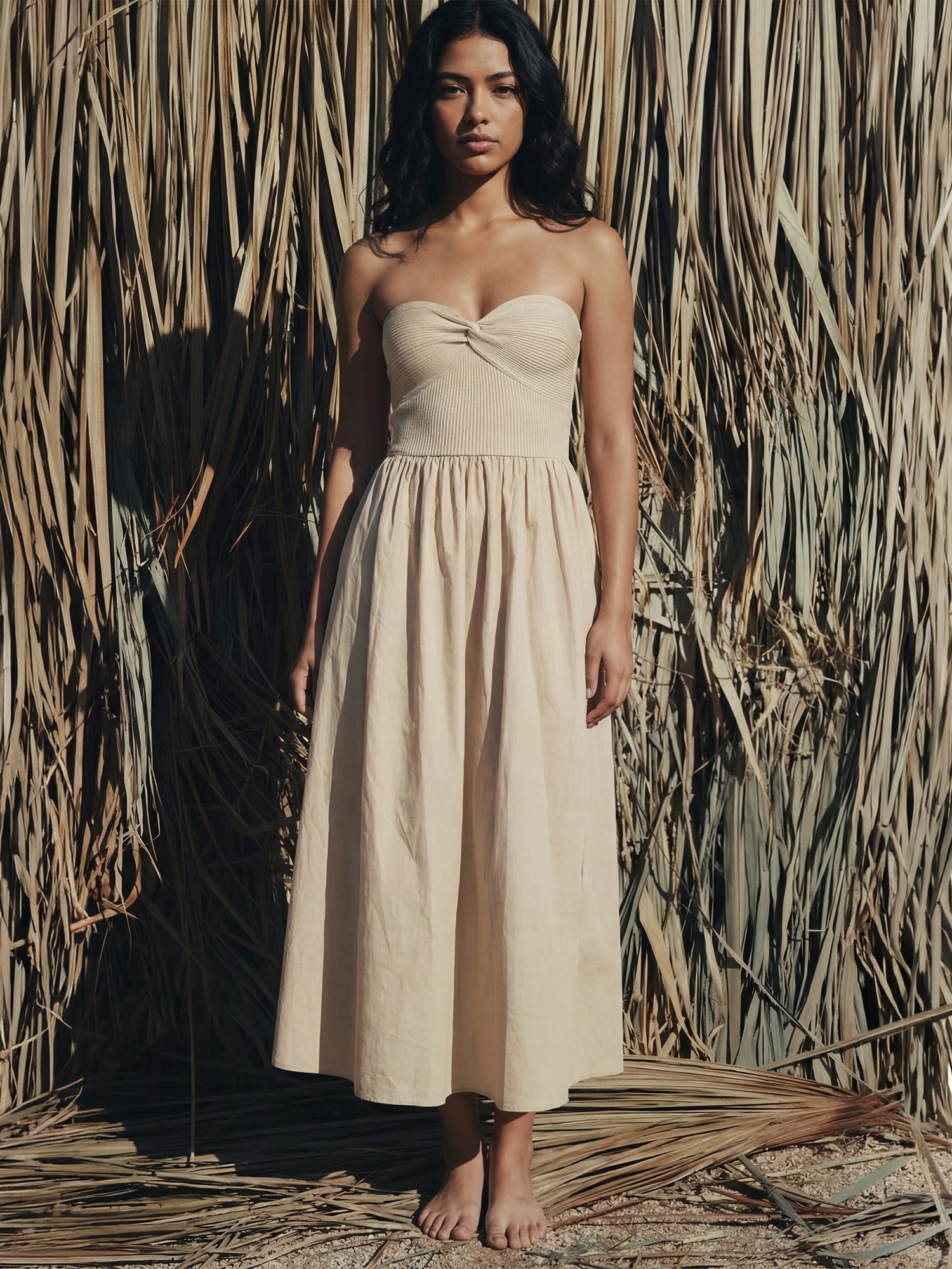 Strapless Mixed Media Poplin Fit And Flare Maxi Dress - SMALL / NATURAL Strapless Mixed Media Poplin Fit And Flare Maxi Dress - SMALL / NATURAL