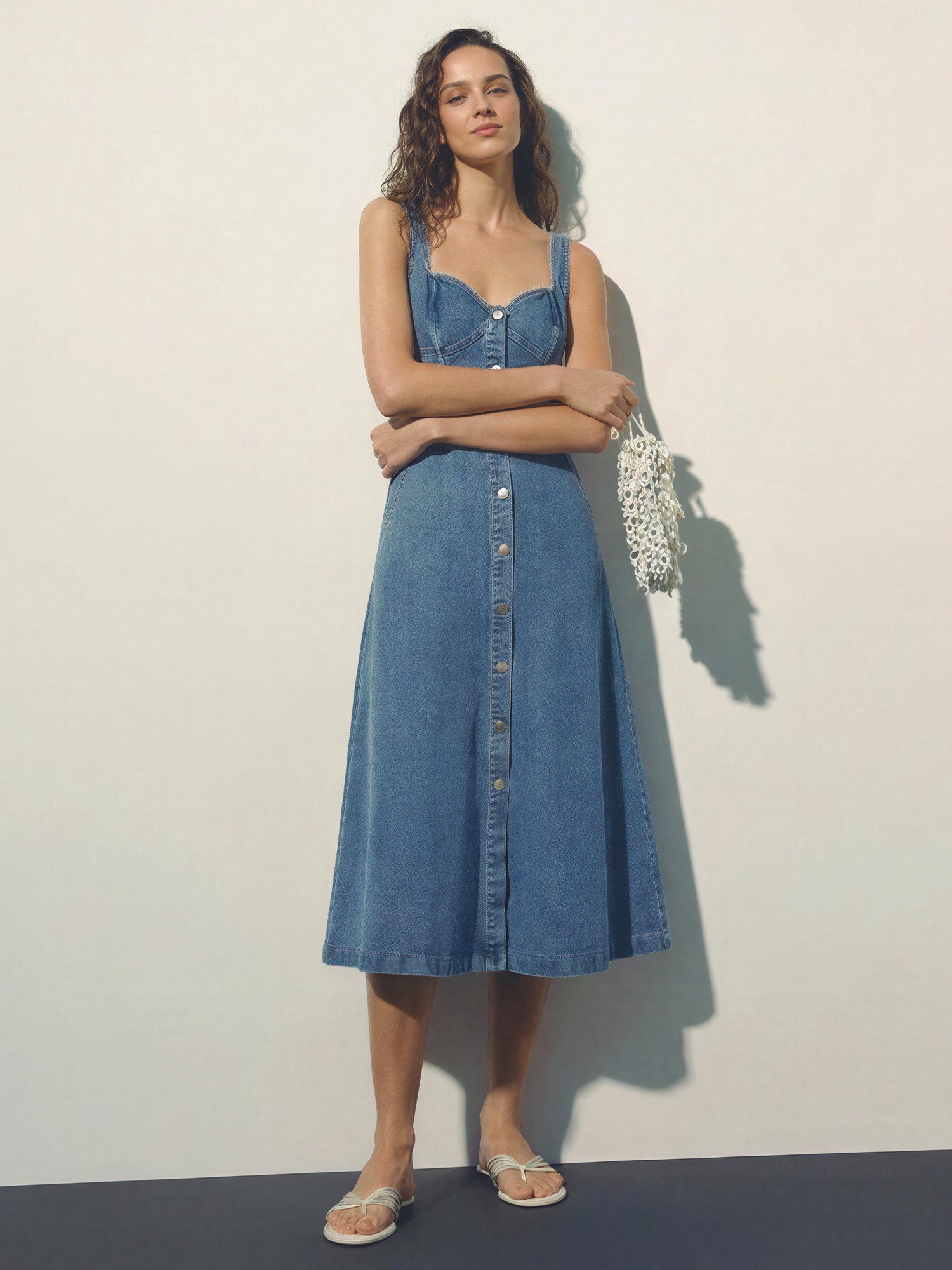 Sleeveless Sweetheart Button Front A-Line Midi Dress - SMALL / BLUE - MEDIUM BLUE WASH Sleeveless Sweetheart Button Front A-Line Midi Dress - SMALL / BLUE - MEDIUM BLUE WASH
