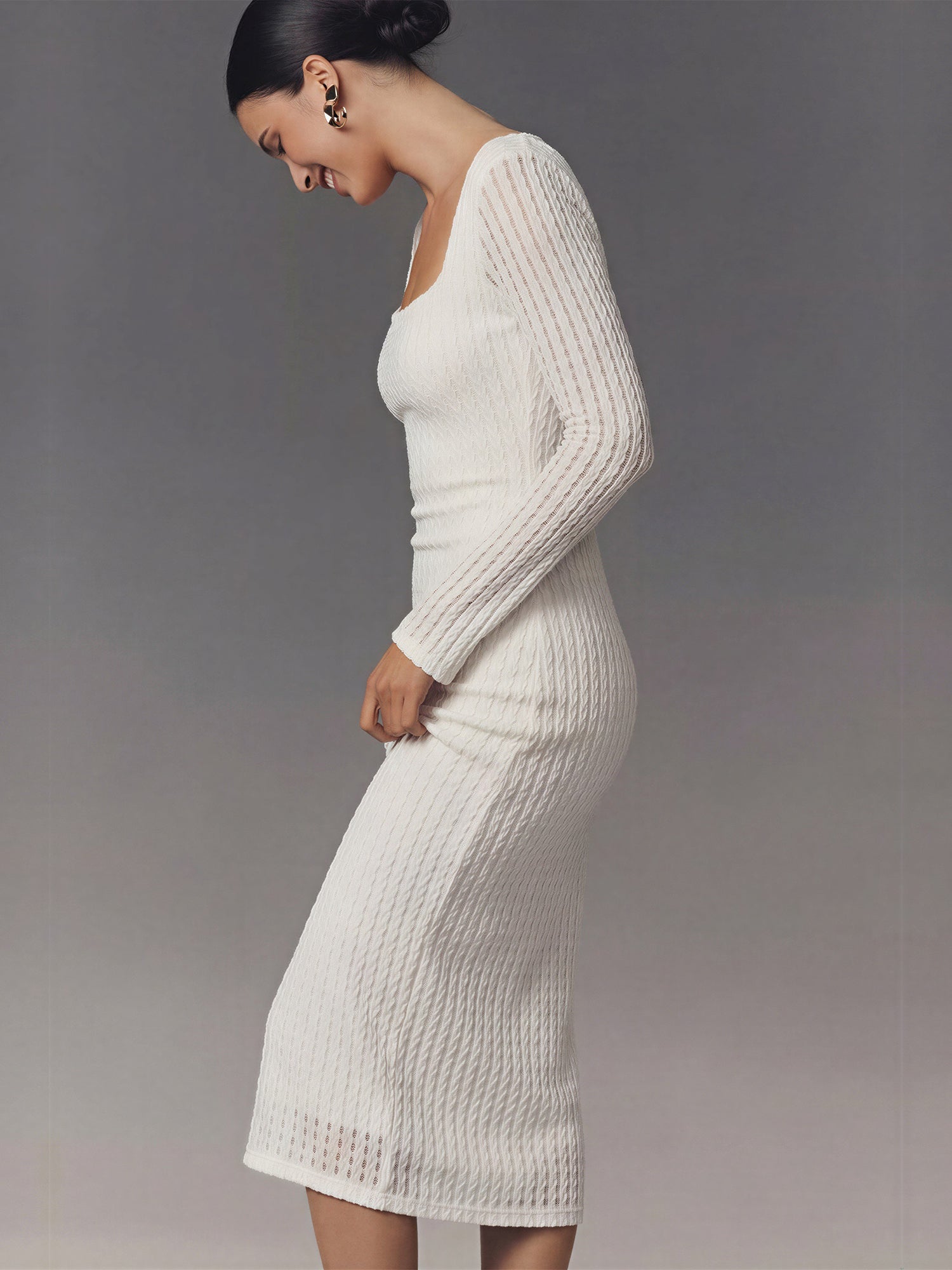 midi dress long sleeve open back Long Sleeve Open Back Textured Knit Midi Dress - SMALL / White
