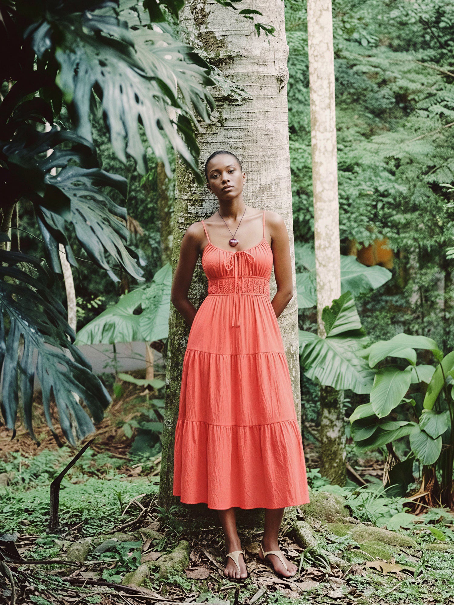 Sleeveless Tiered Midi Dress - SMALL / ORANGE