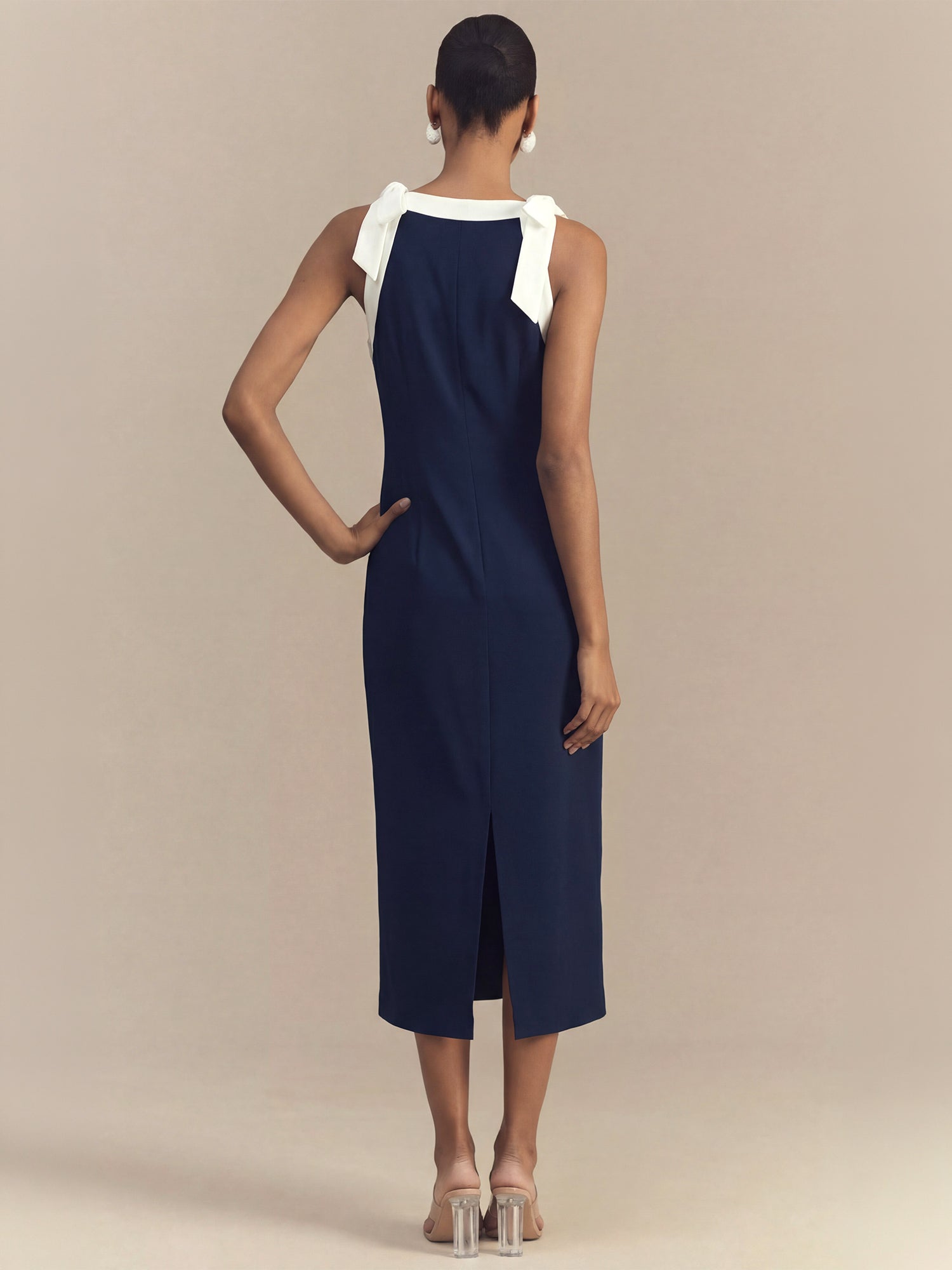 contrast trim midi dress Sleeveless Contrast Trim Halter Neck Bow Shoulder Midi Dress - MEDIUM / BLUE