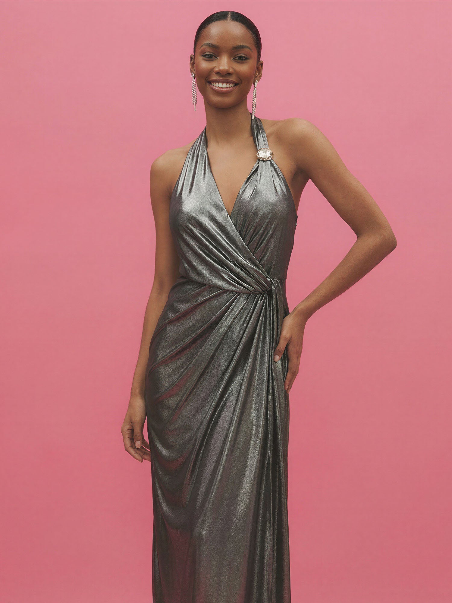 Wrap Front Halter Neck Metallic Gown – New York & Company