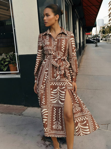 Long Sleeve Printed Tie Waist Maxi Shirt Dress - SMALL / BROWN