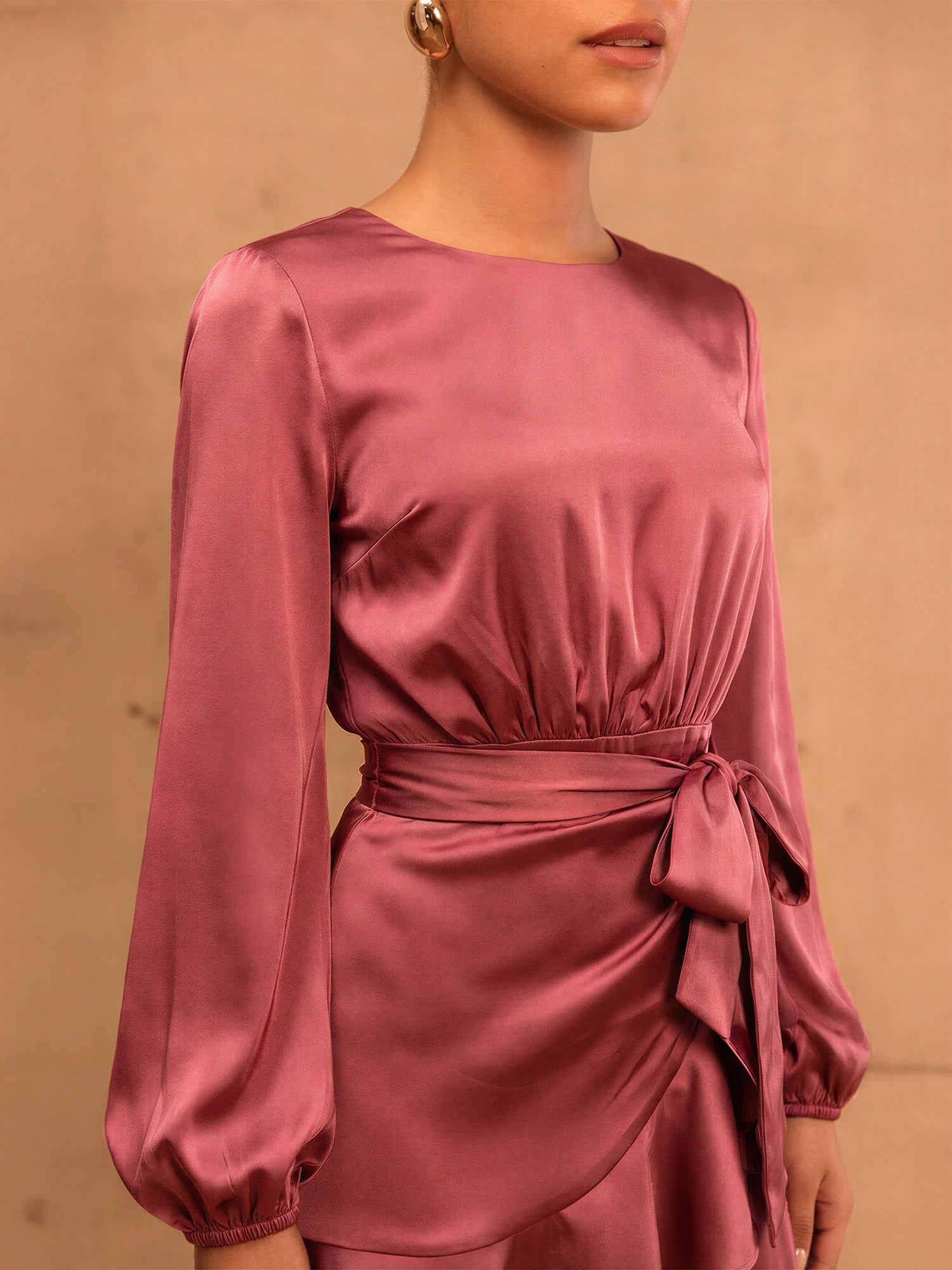 Long Sleeve Wrap Satin Mini Dress - SMALL / NATURAL