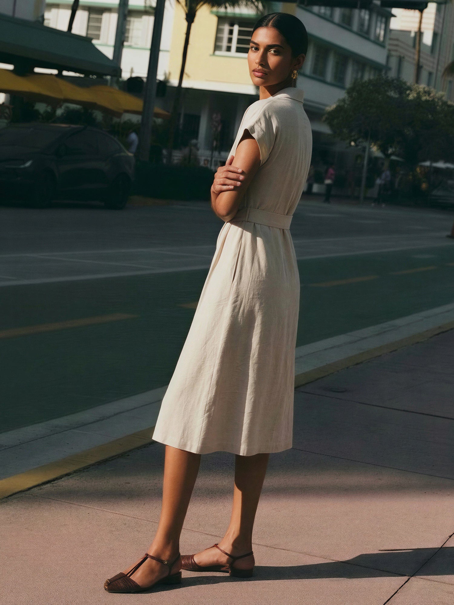 Short Sleeve Crochet Trim Linen A Line Shirt Midi Dress - SMALL / NATURAL