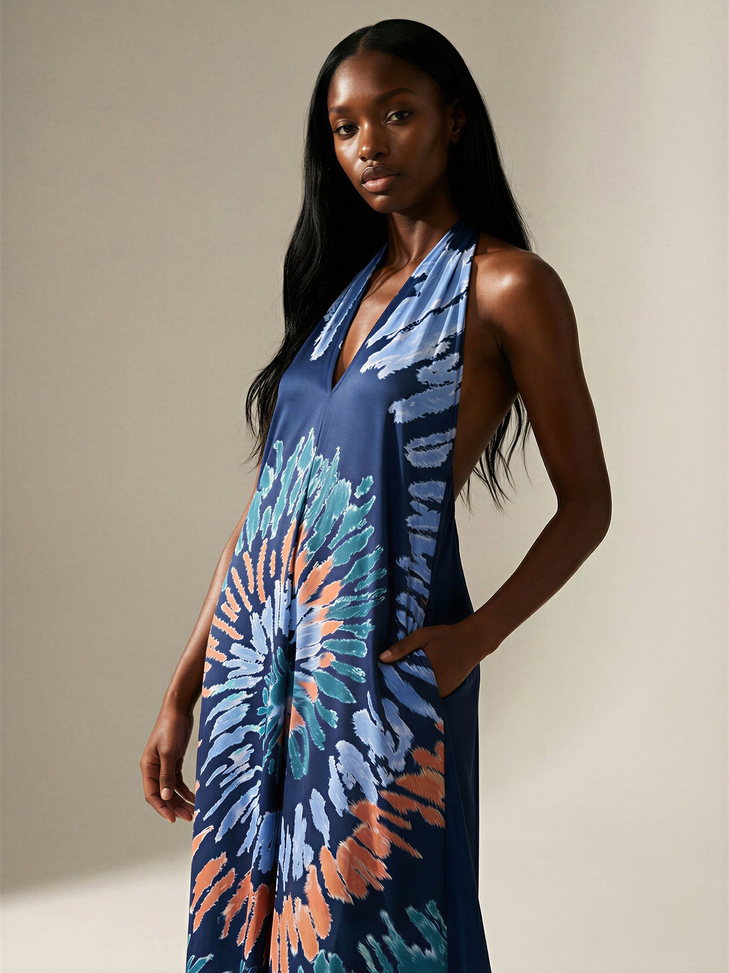 womens halter maxi dress Printed Halter Maxi Dress With Pocket - LARGE / BLUE