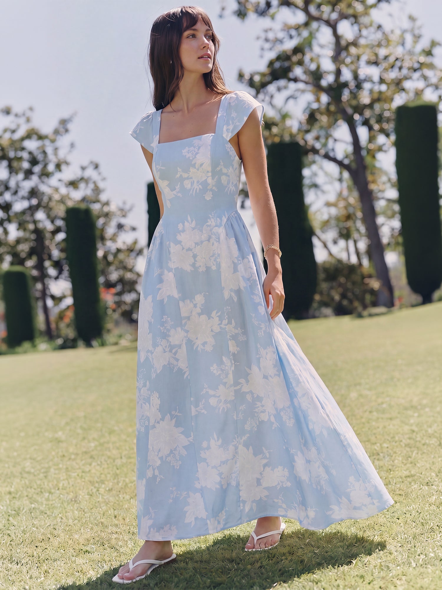 Cap Sleeve Floral Square Neck A Line Midi Dress - SMALL / BLUE