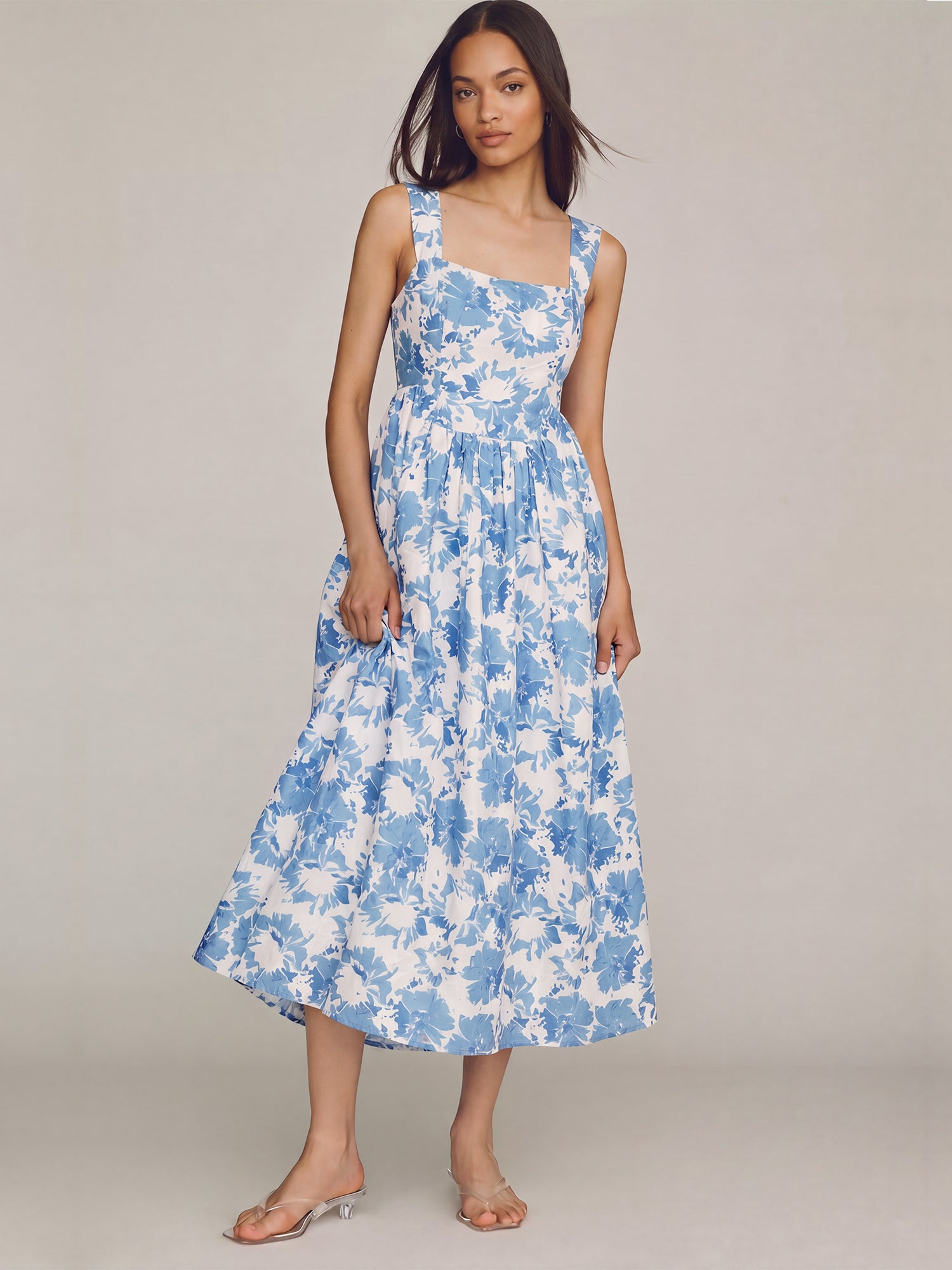 square neck dress maxi Sleeveless Square Neck Floral Nap Maxi Dress - LARGE / BLUE