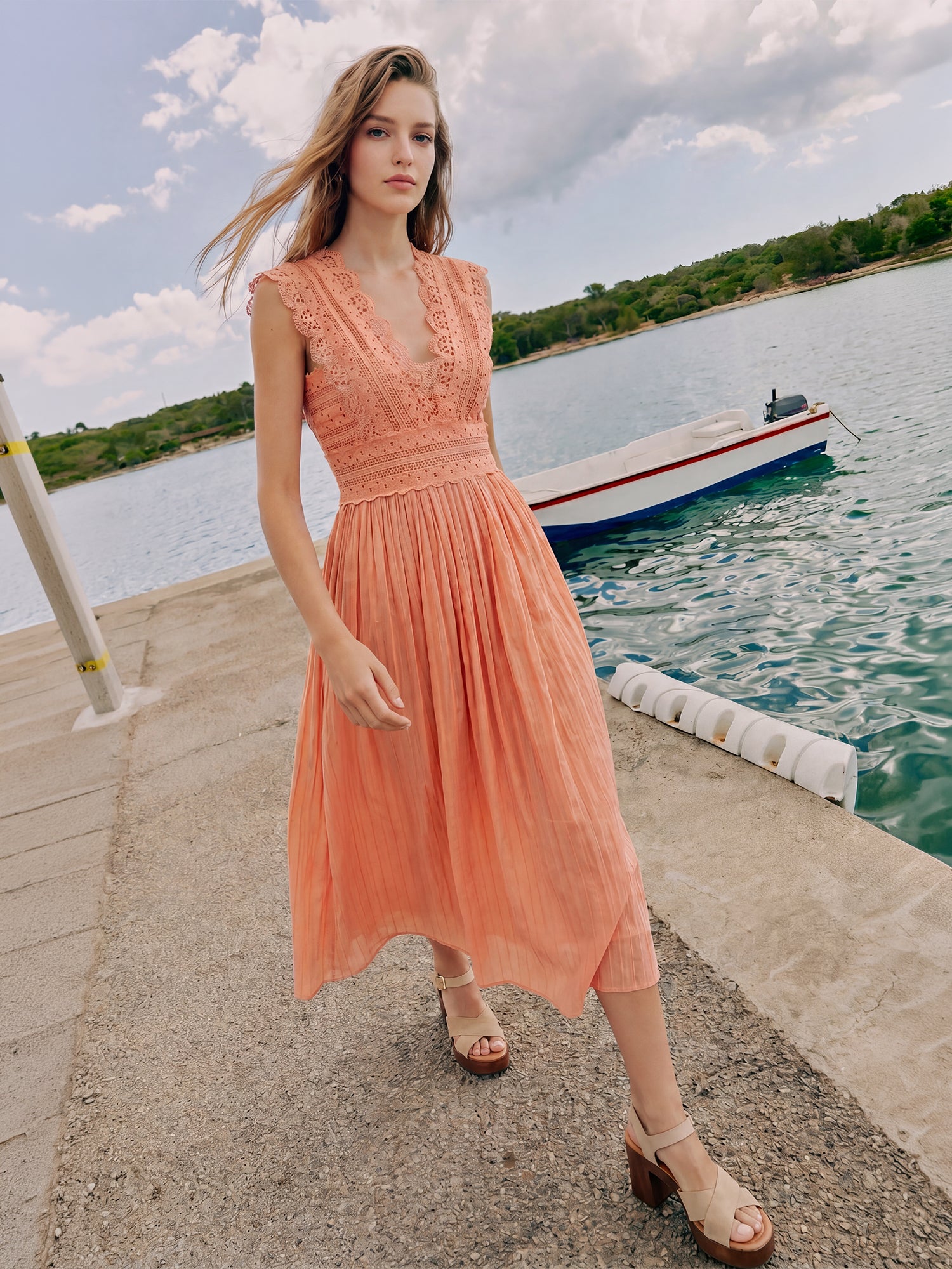 Sleeveless Lace Boho A-Line Midi Dress - SMALL / ORANGE