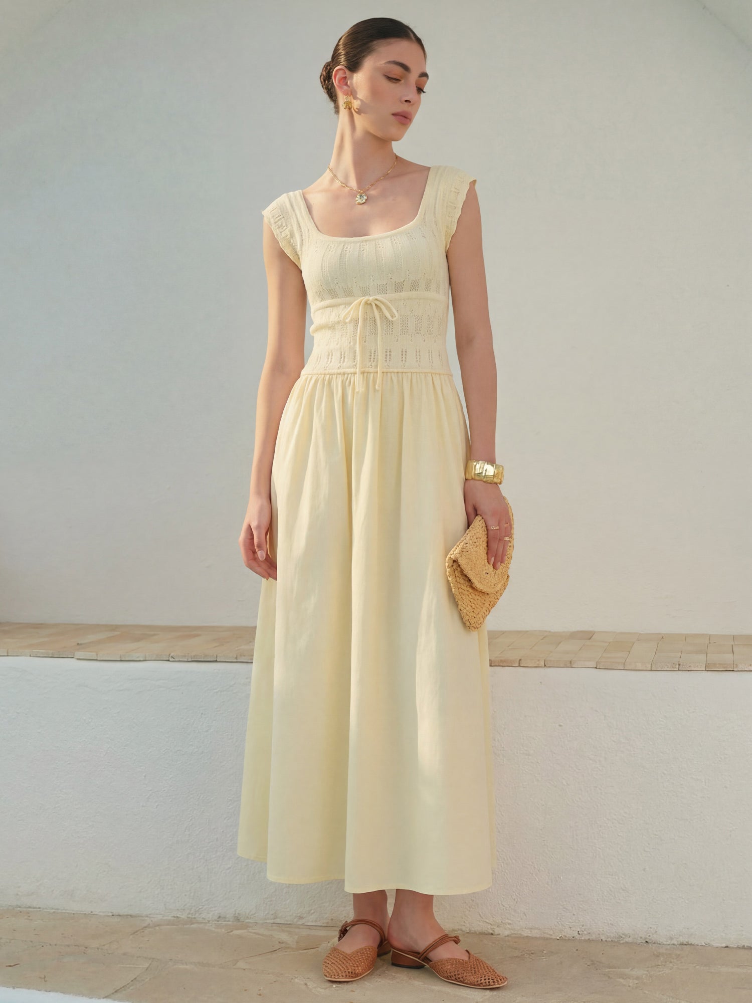 cap sleeve a line dress Cap Sleeve Knit Bodice Mixed Media A Line Maxi Dress - MEDIUM / YELLOW
