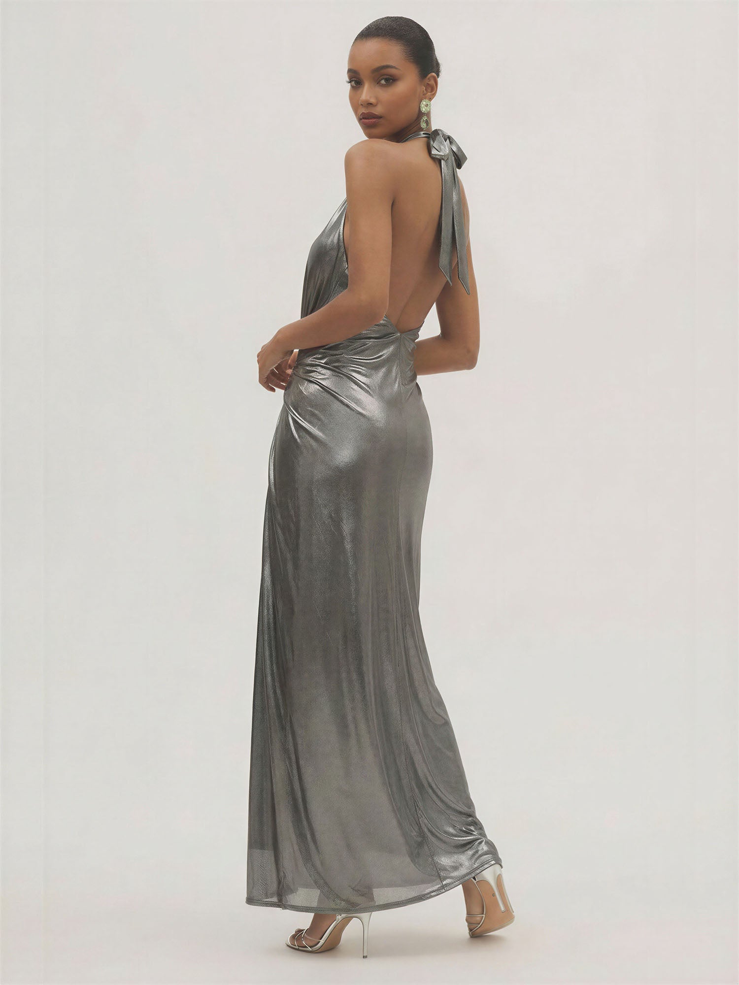 Wrap Front Halter Neck Metallic Gown – New York & Company