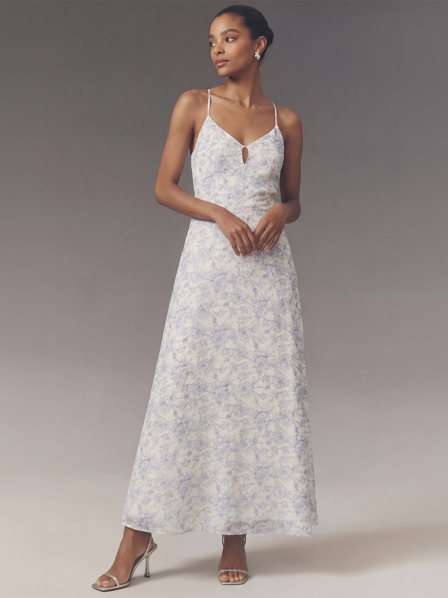 Sleeveless Keyhole Foral Toile Print Flowy Maxi Dress - SMALL / White