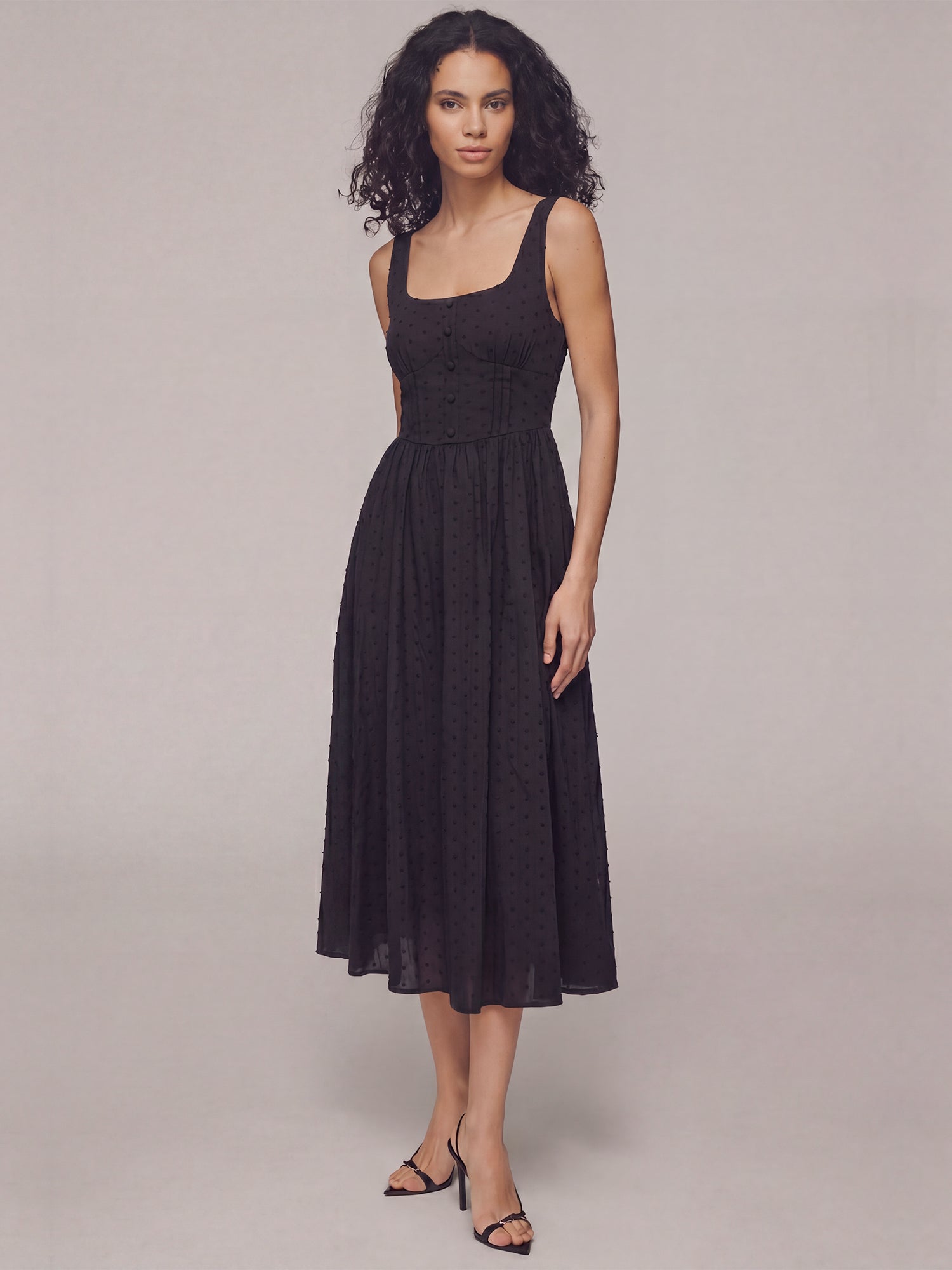Sleeveless Bustier Polka Dot A Line Midi Dress - MEDIUM / Black