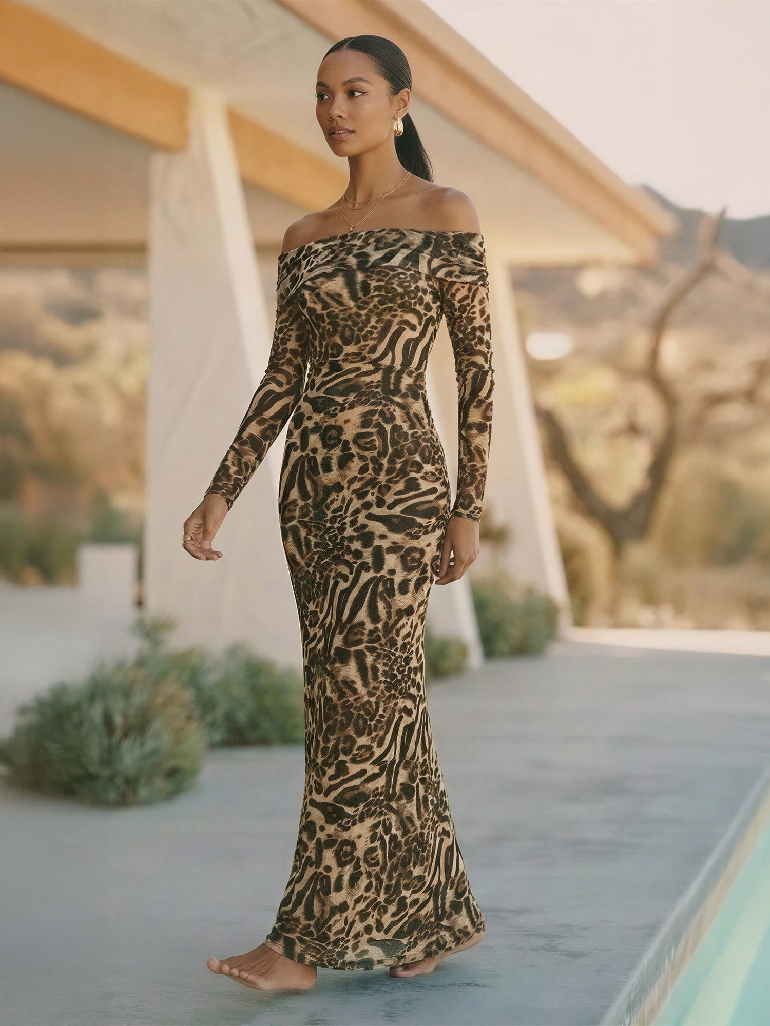 Leopard Off The Shoulder Maxi Dress – New York & Company
