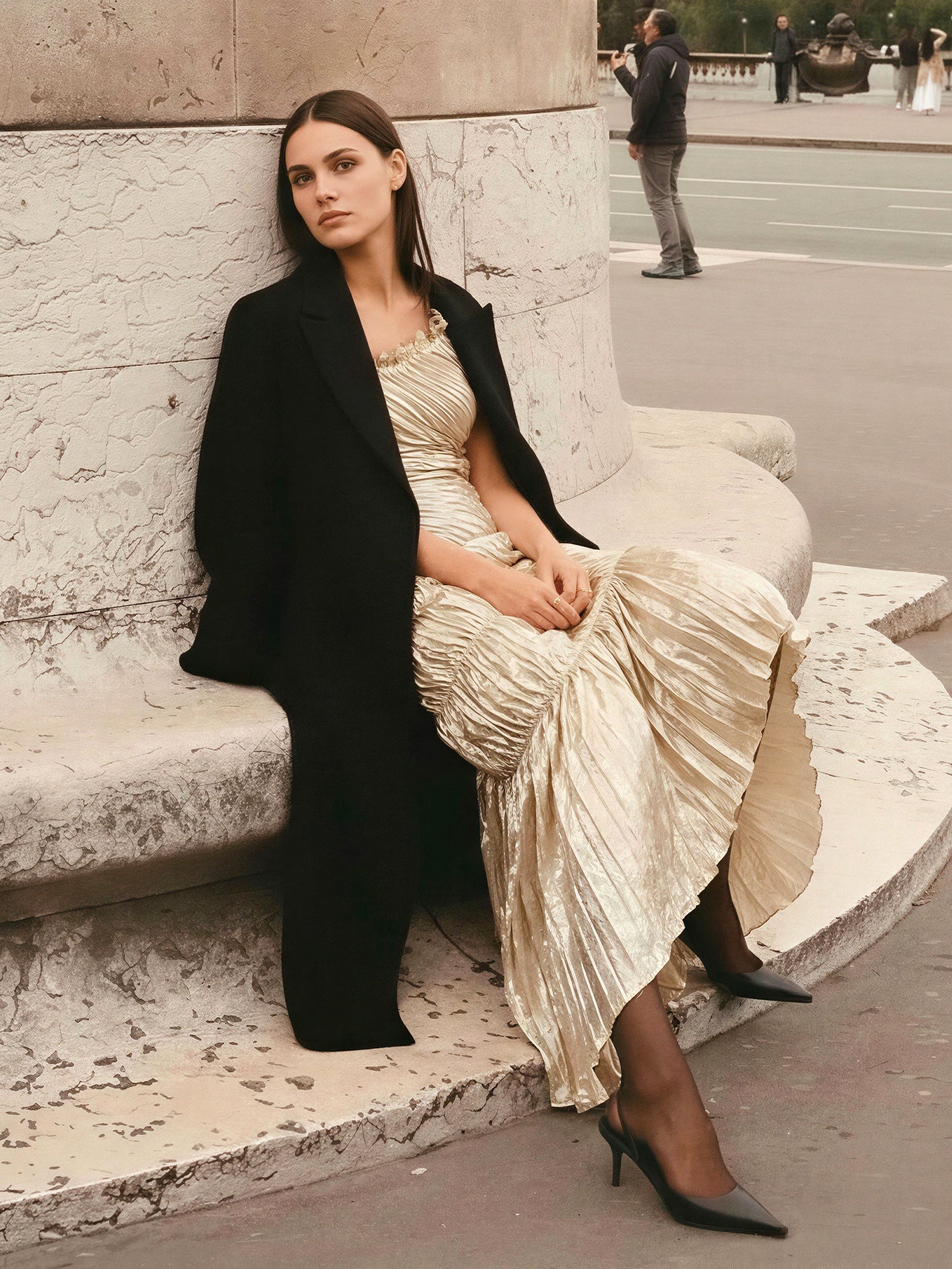 One Shoulder Metallic Ruched Midi Gown - SMALL / YELLOW