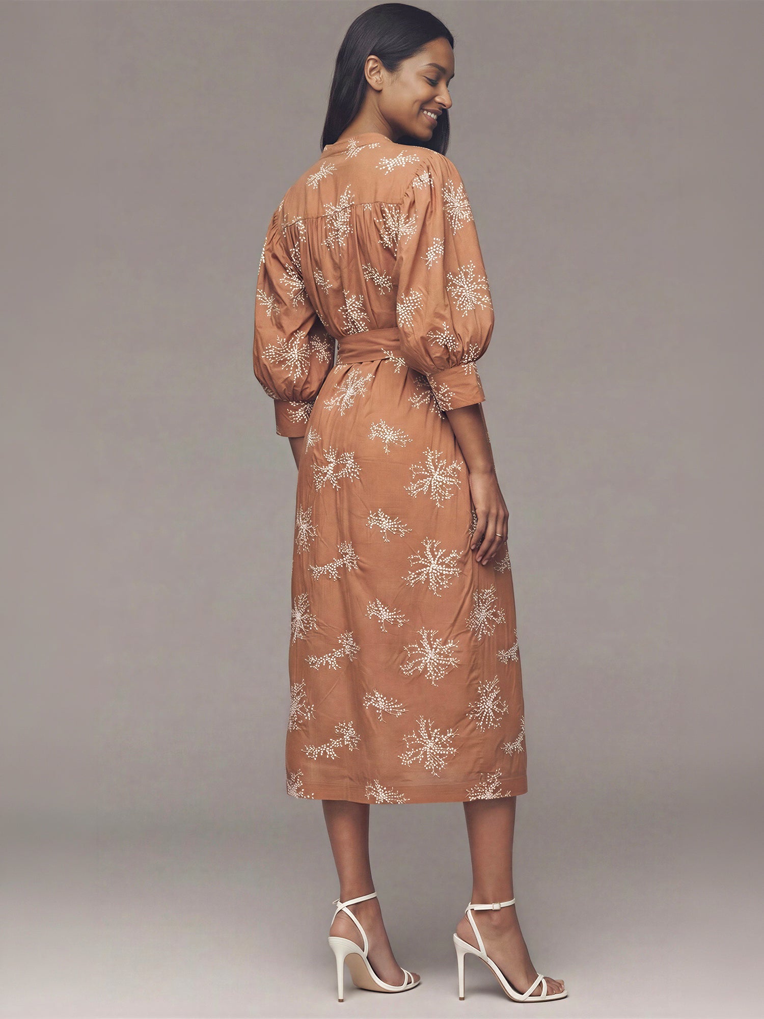 Long Sleeve Embroidered Button Front Tie Waist Cotton Midi Dress - SMALL / BROWN