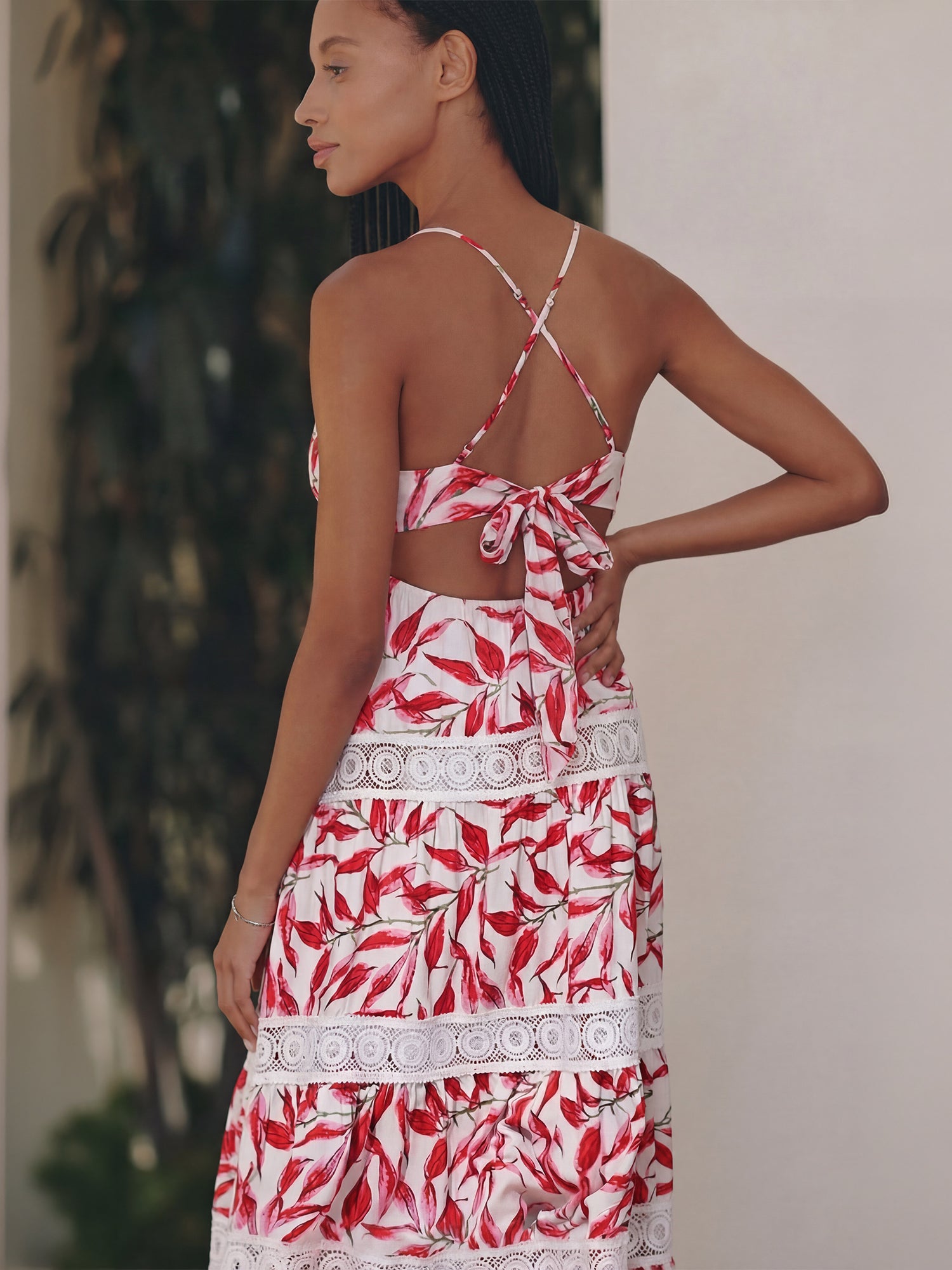 Sleeveless Crochet Trim Tropical Maxi Dress - LARGE / PINK