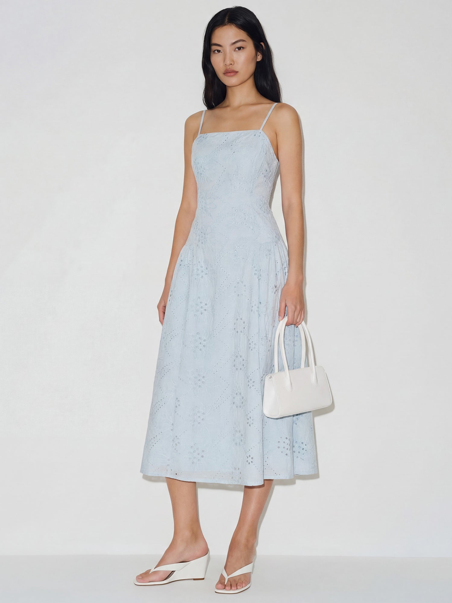 Sleeveless Drop Waist Eyelet A Line Midi Dress - SMALL / BLUE