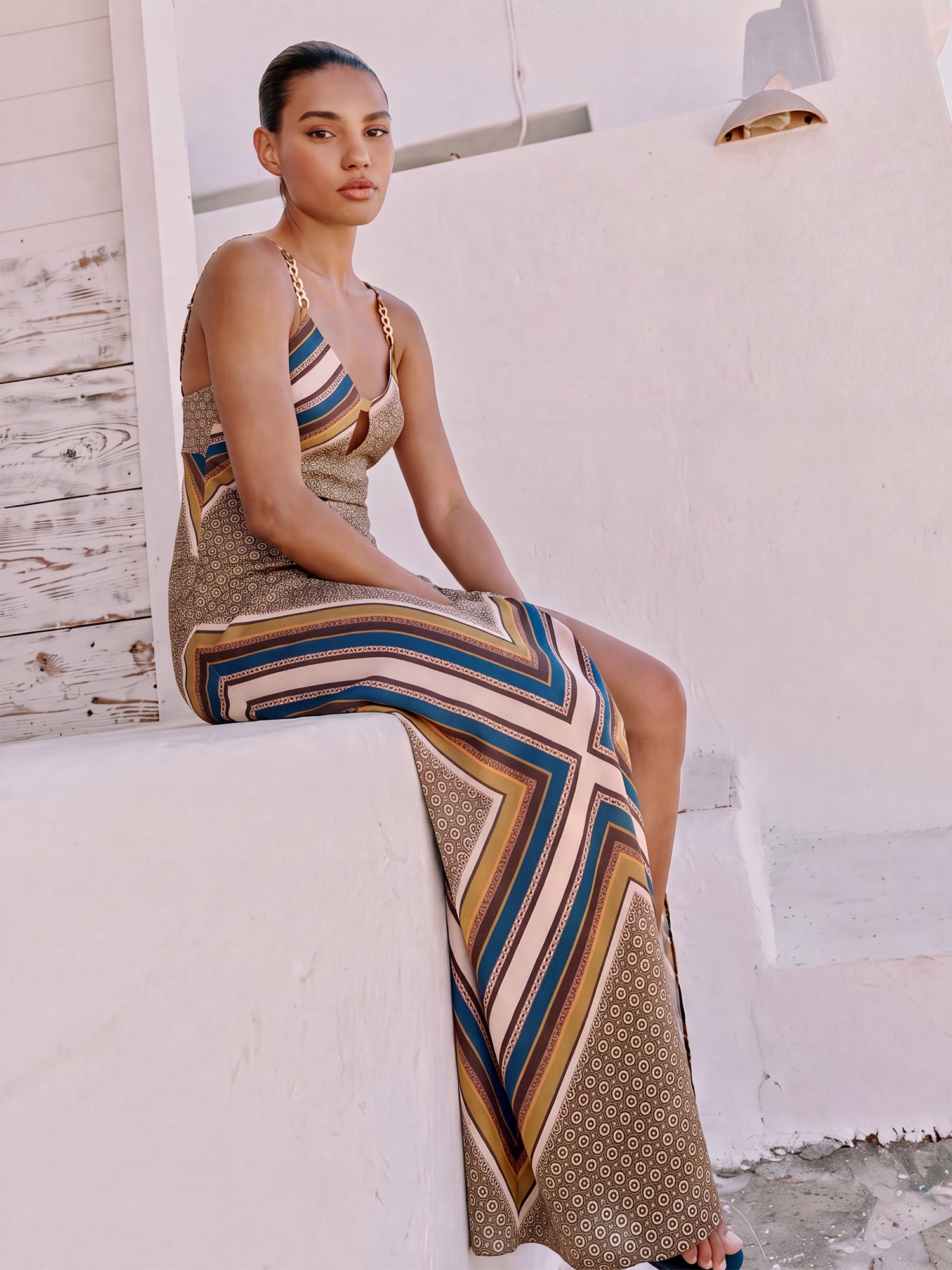 Sleeveless V Neck Slip Scarf Print Slit Maxi Dress - MEDIUM / MULTICOLOR