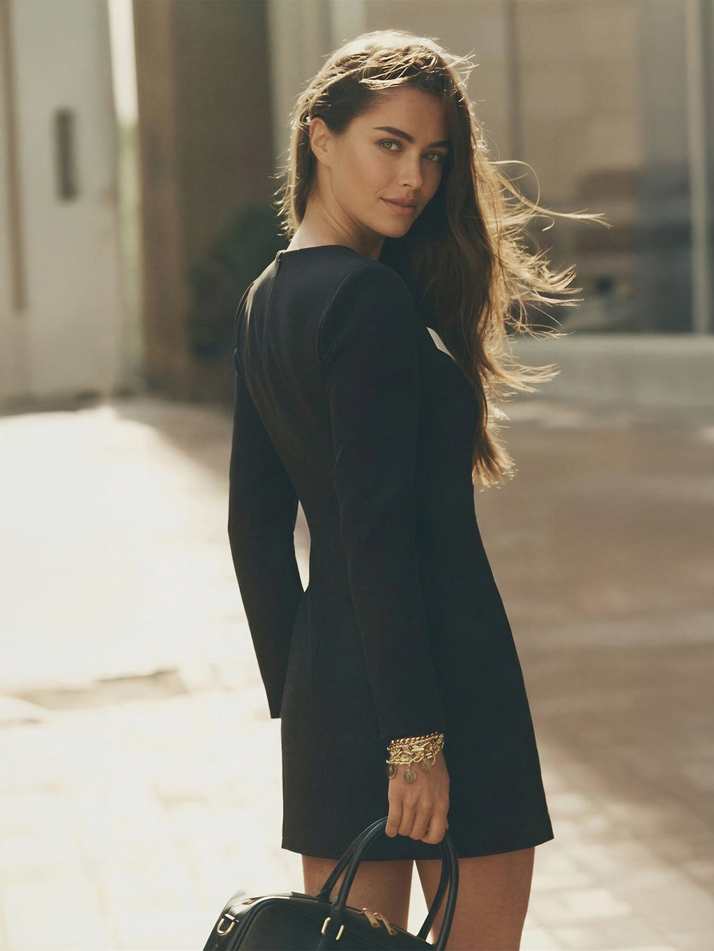 Long Sleeve Two Toned Neckline Buttoned Mini Dress