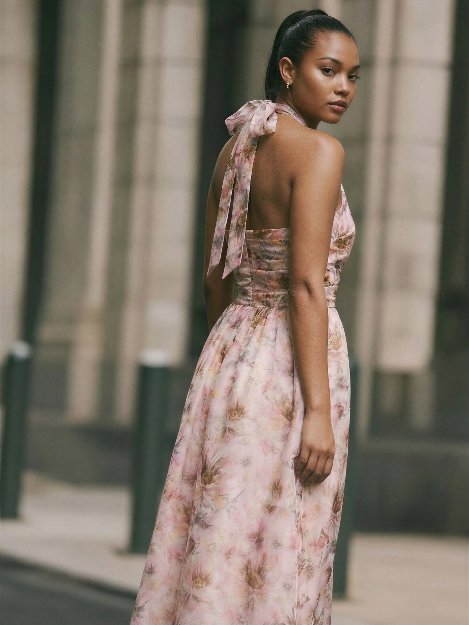 Floral Halter Chiffon Midi Dress - SMALL / PINK - PINK Floral Halter Chiffon Midi Dress - SMALL / PINK - PINK