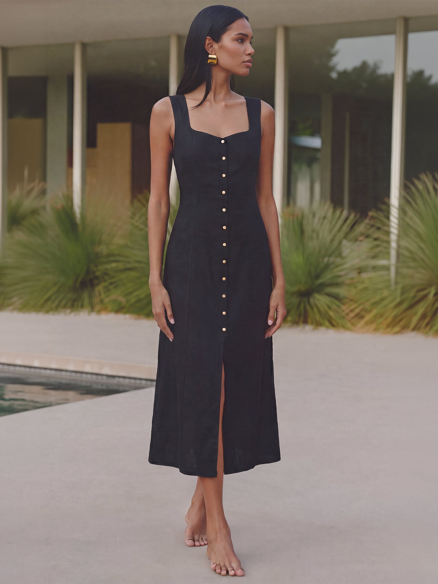Sleeveless Button Down A Line Maxi Dress - SMALL / NATURAL