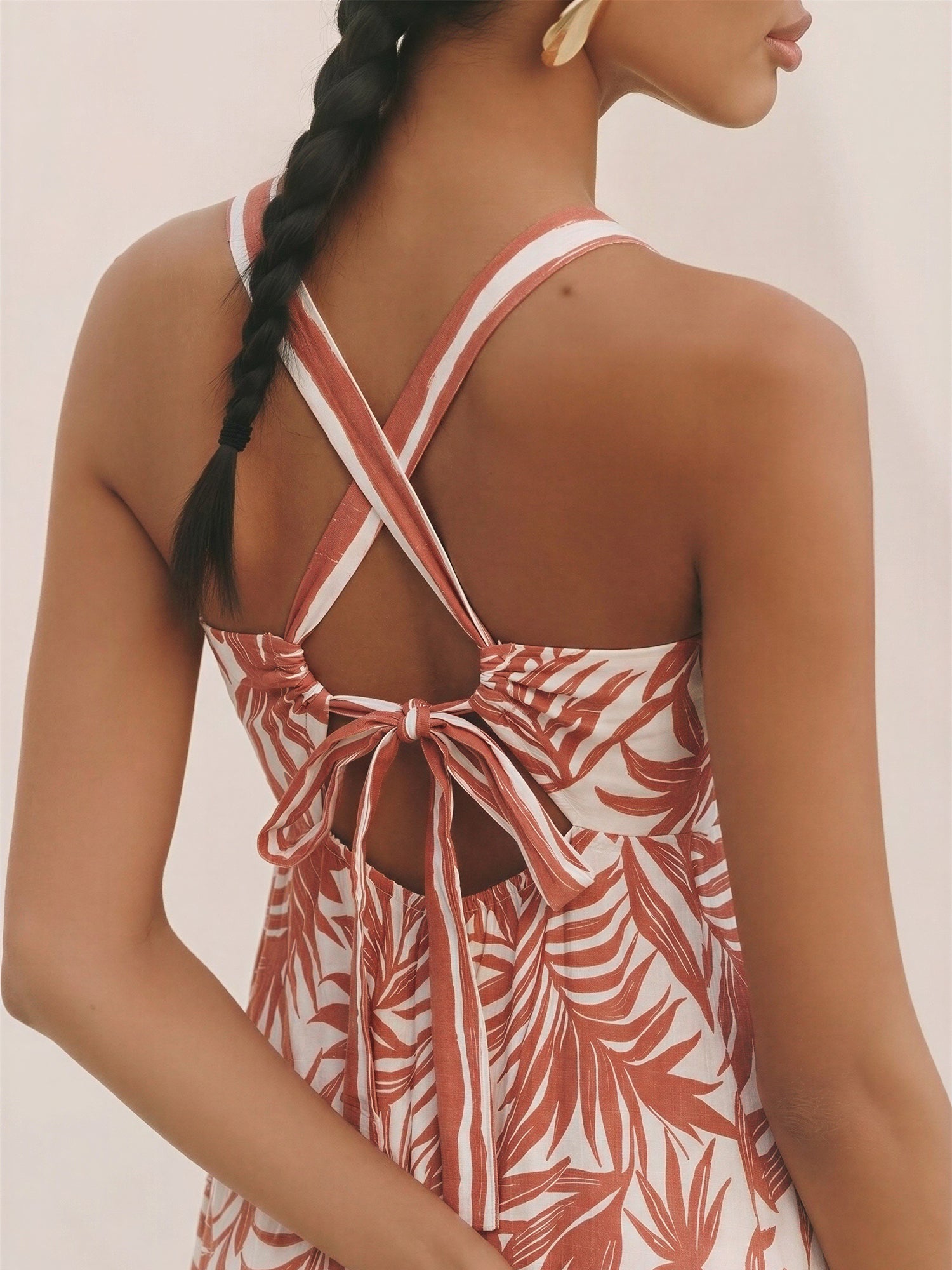 Tropical Leaf Print Back Tie Maxi Dress - SMALL / BROWN - RUST / 10000 Tropical Leaf Print Back Tie Maxi Dress - SMALL / BROWN - RUST / 10000