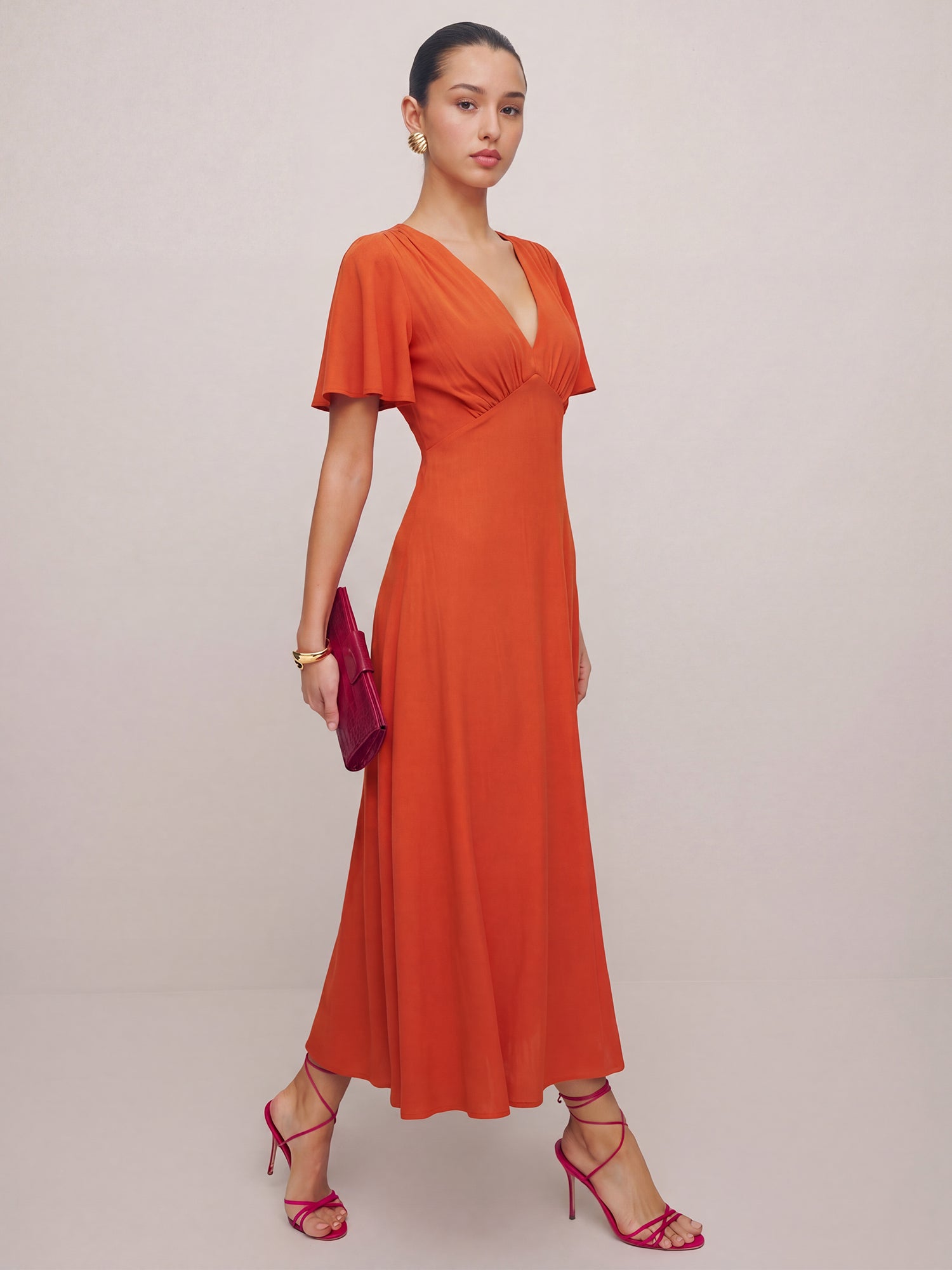 midi dress with v neck ever PALOMA|Ruffled Short Sleeves V-Neck A-Line Wedding Guest Basic style Sheer V Neck Woven A Line